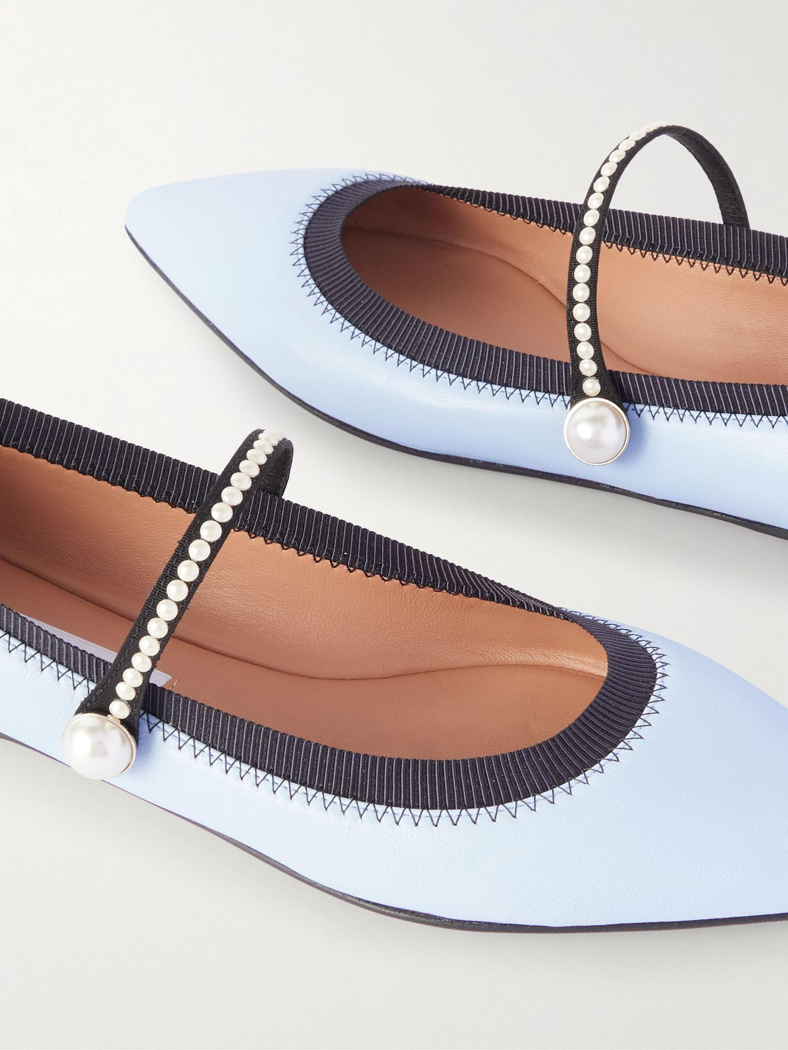 Romy embellished grosgrain-trimmed leather ballet flats Light blue - 4