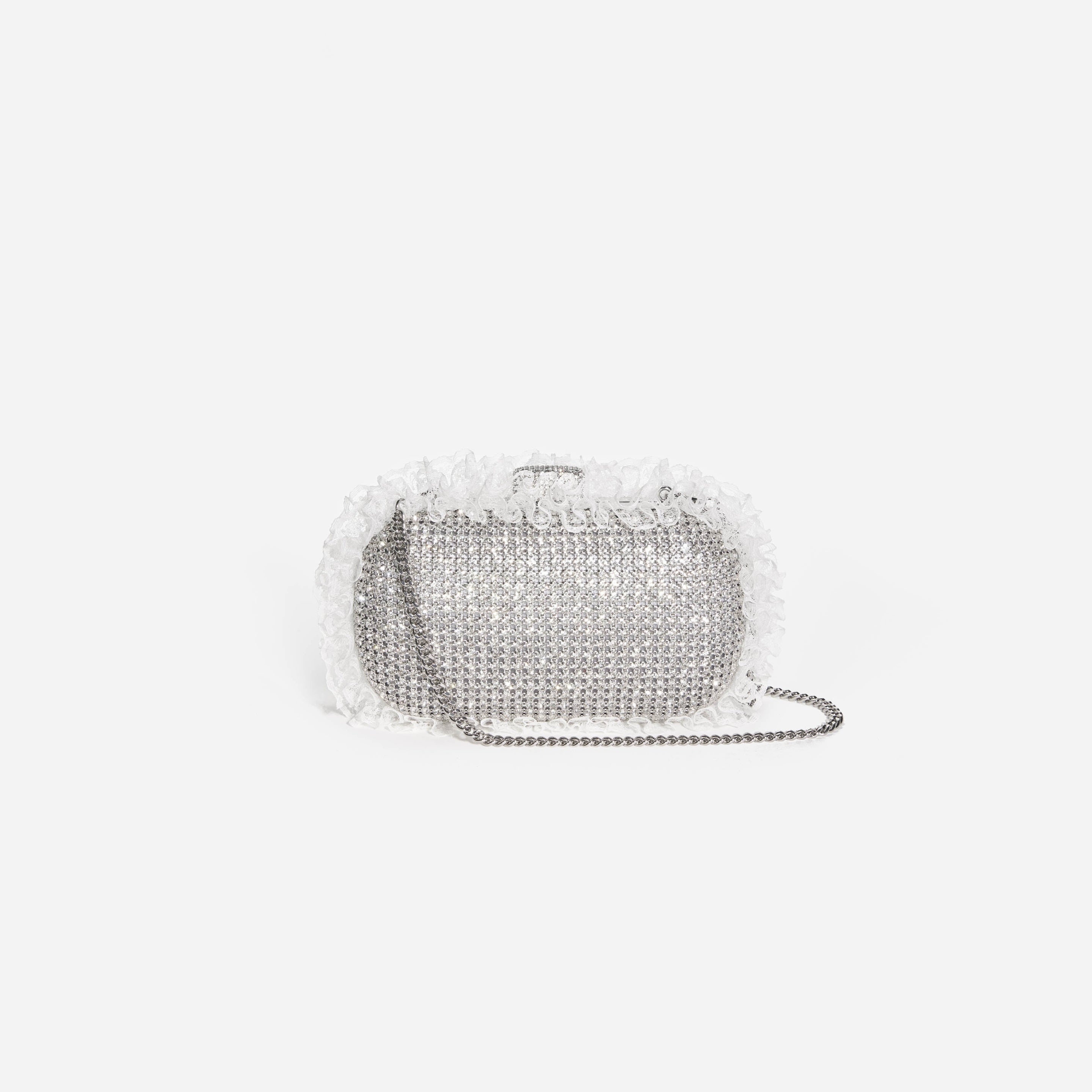 Silver Crystal Lace Detail Clutch - 4