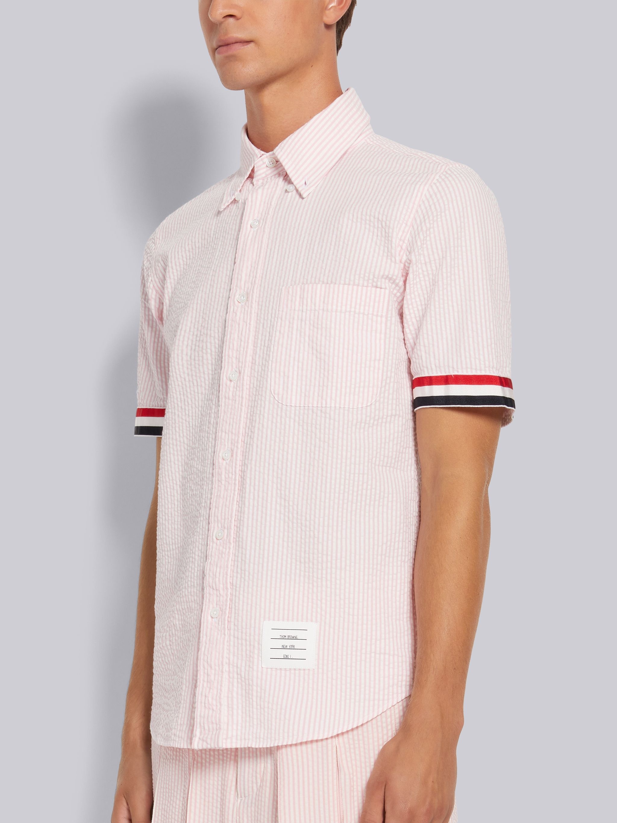 Light Pink Seersucker Grosgrain Cuff Point Collar Straight Fit Short Sleeve Shirt - 2