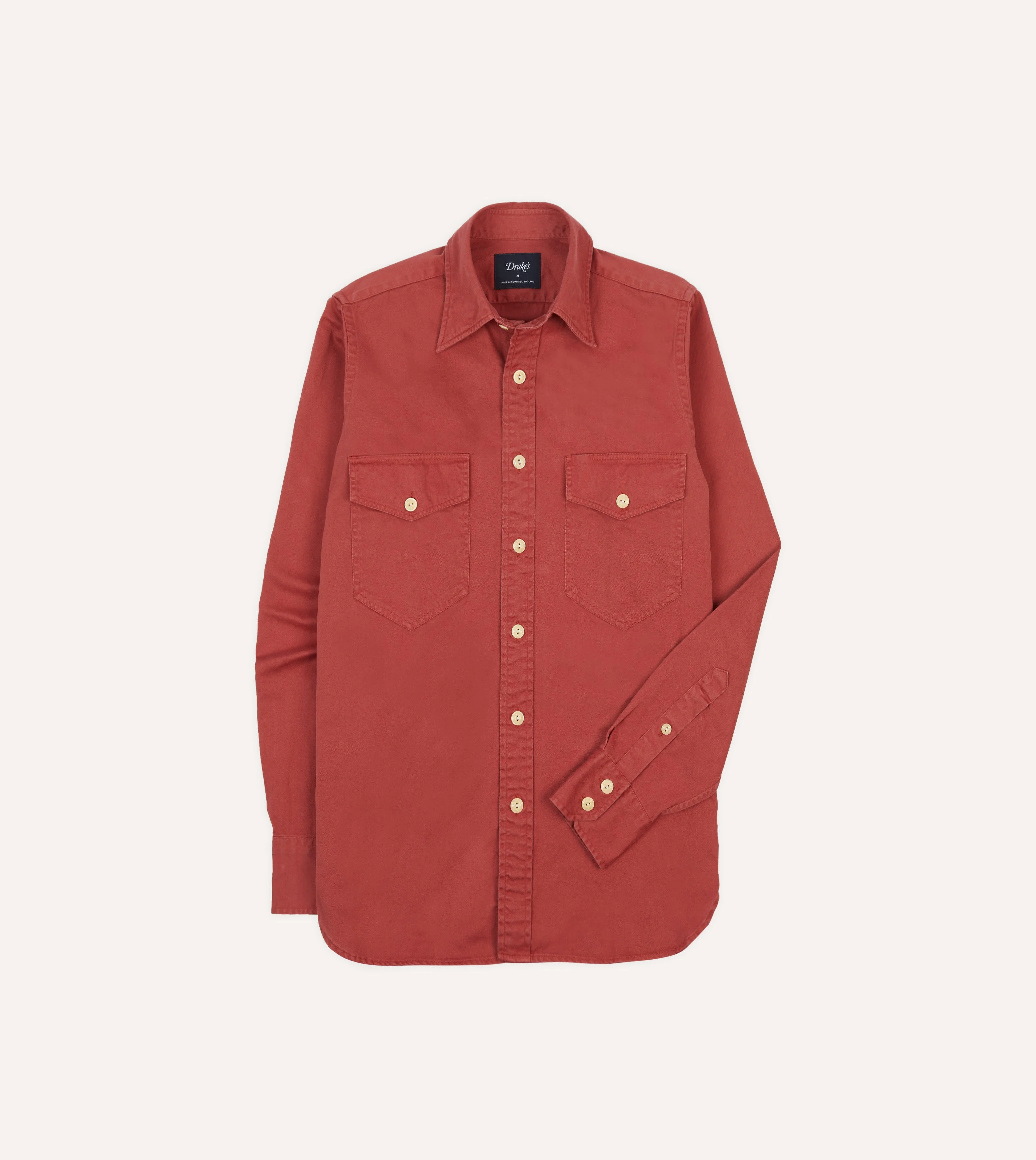 Red Cotton Long Point Collar Work Shirt - 1