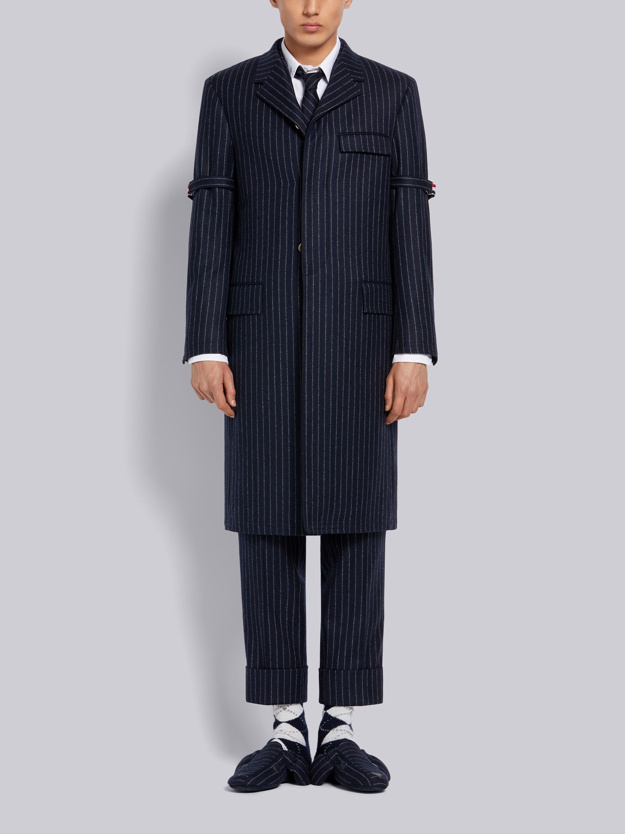 Navy Ground Chalk Stripe Wool Flannel Removable Grosgrain Armband Classic Chesterfield Overcoat - 1