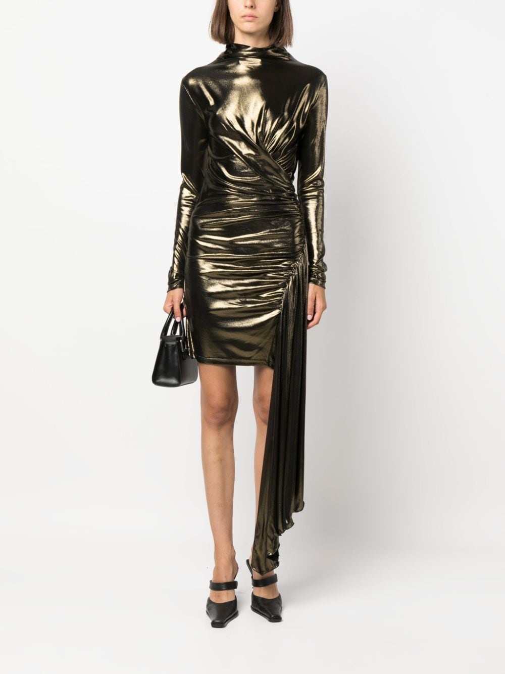 draped metallic long-sleeve dress - 2