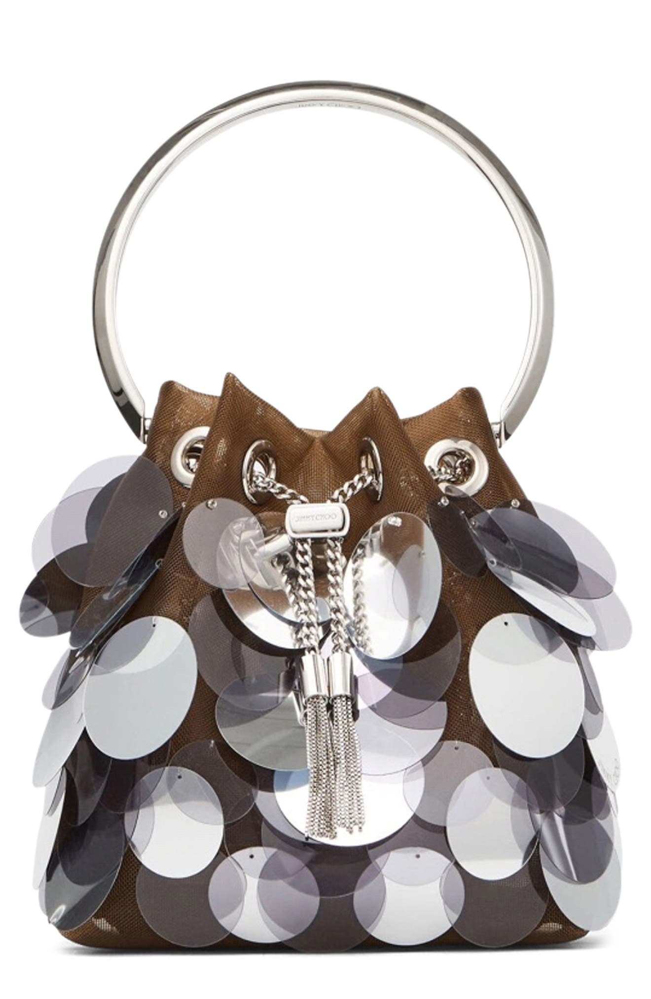 Jimmy Choo Bon Bon Paillette Drawstring Top Handle Pouch in Biscuit/Silver at Nordstrom - 1