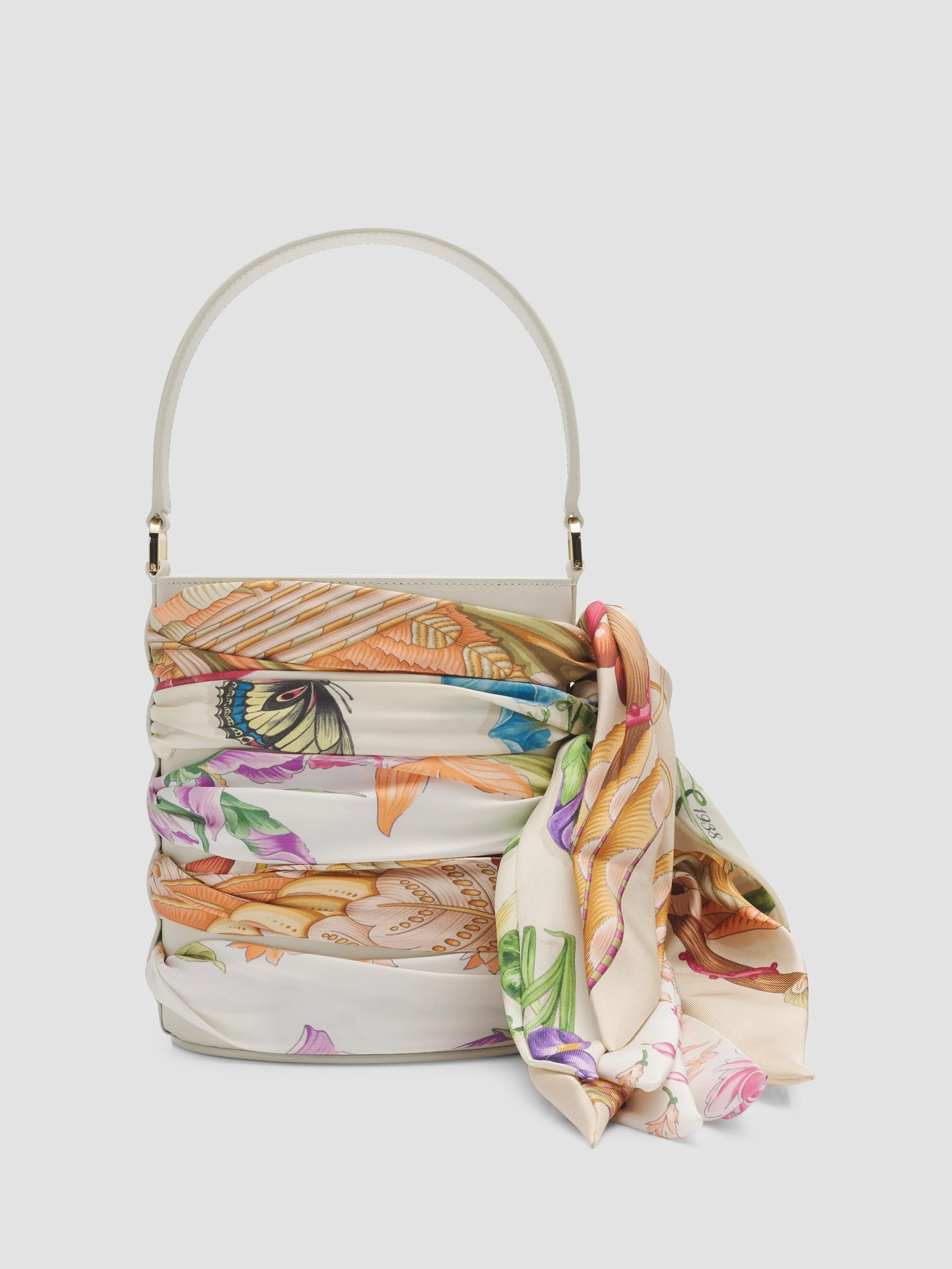 Women's Scarf-Wrapped Mini Leather Bucket Bag - Floreale - 1