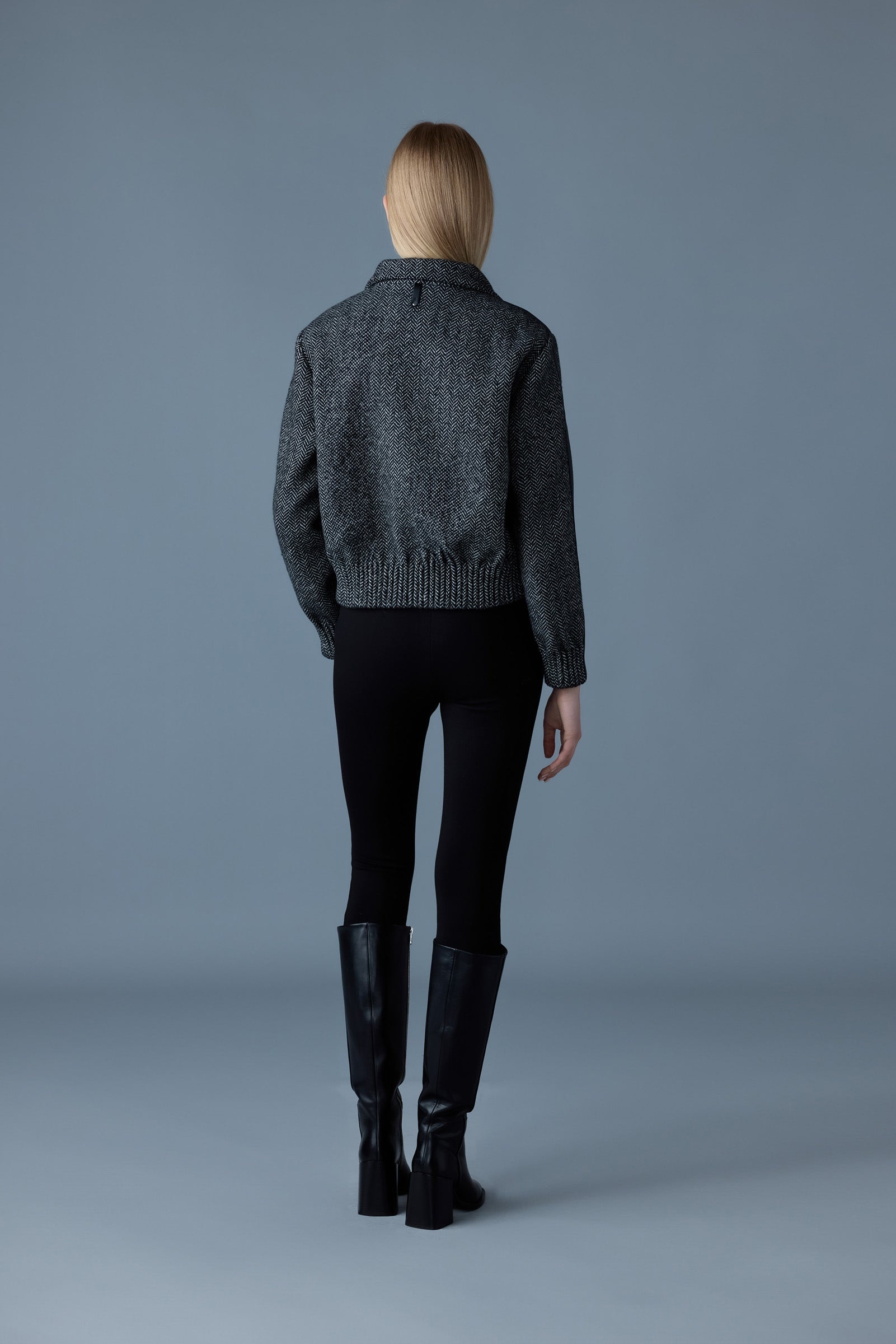 PATTY-HB Short herringbone wool jacket with leather detail - 4