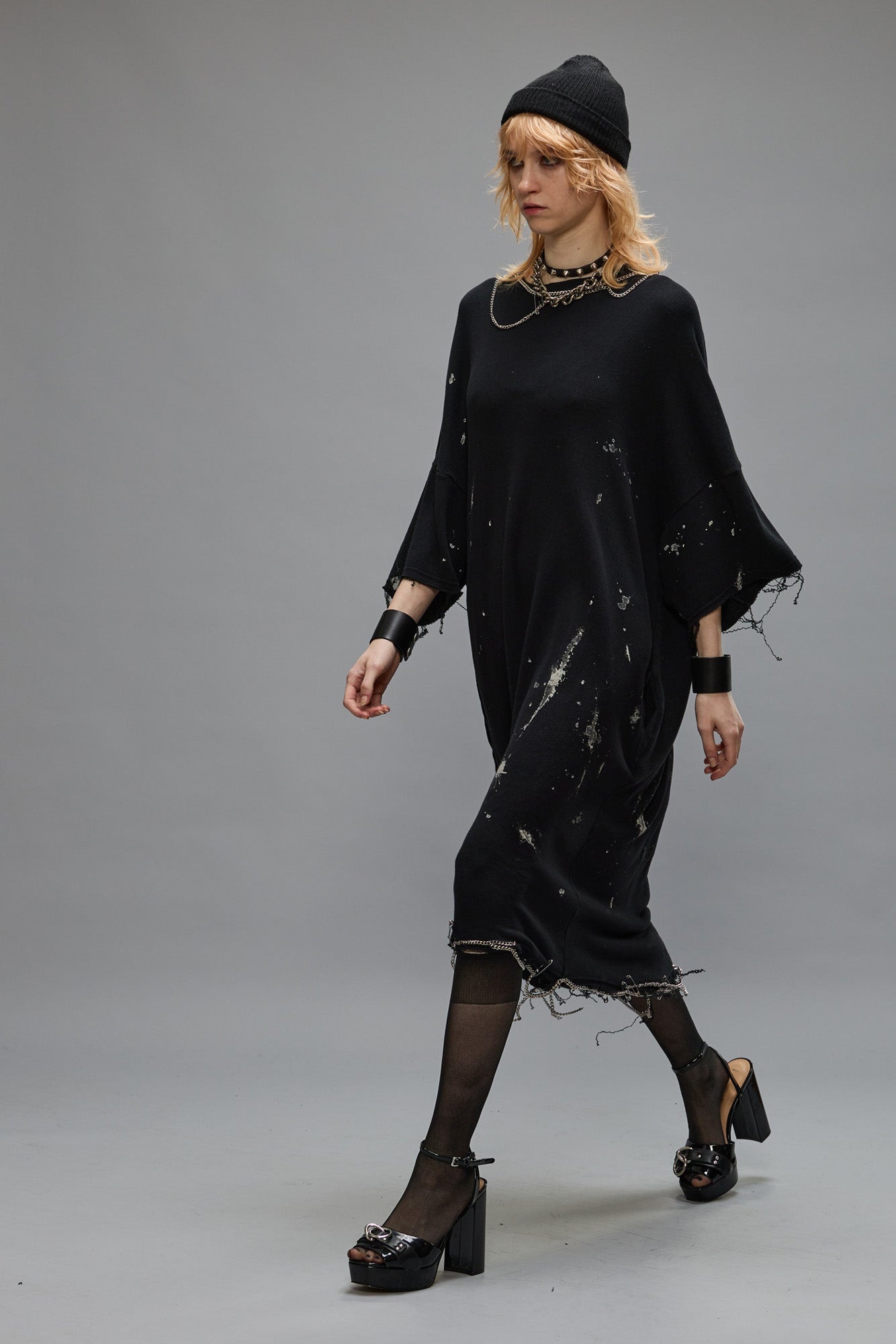 CHAIN EMBELLISHED SHIRTDRESS - SPLATTERED BLACK - 3