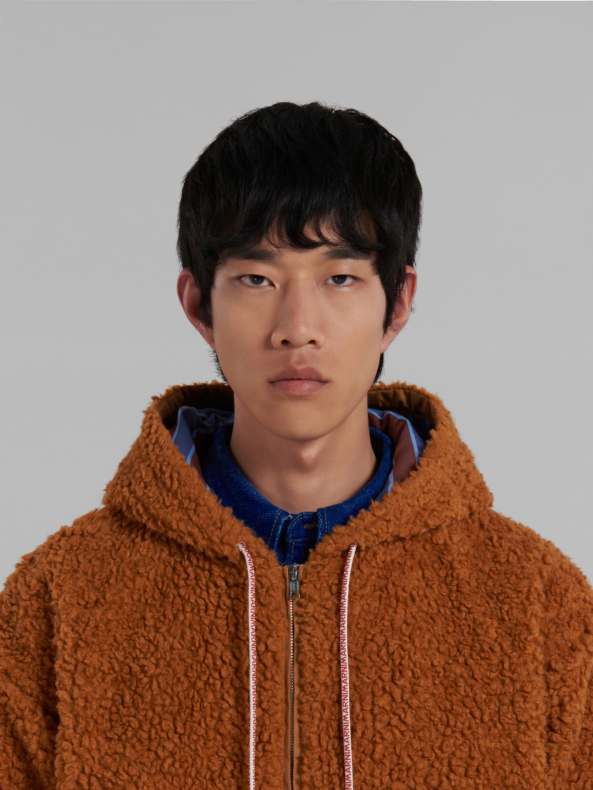 BROWN TEDDY JACKET WITH LOGO DRAWSTRING - 4