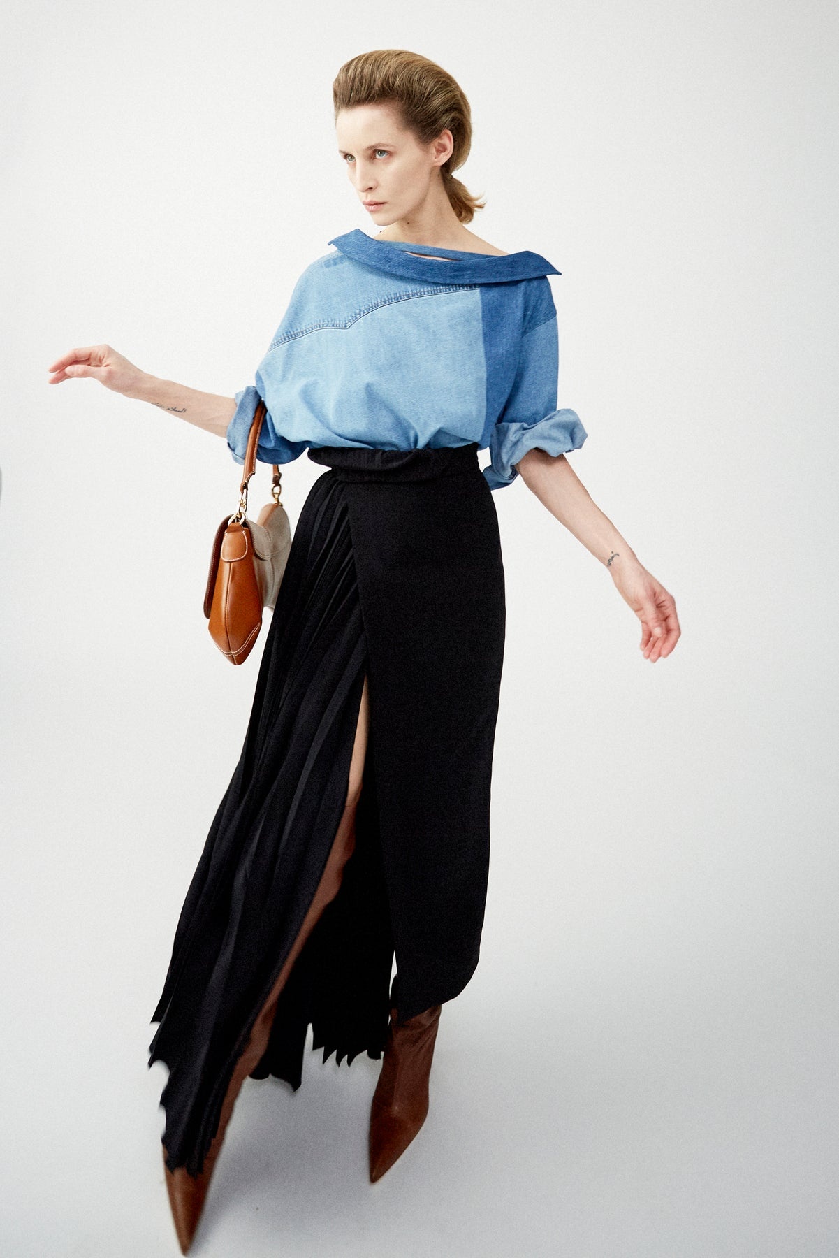 OFF SHOULDER UPCYCLED DENIM BACK TO FRONT SHIRT BLUE - 9