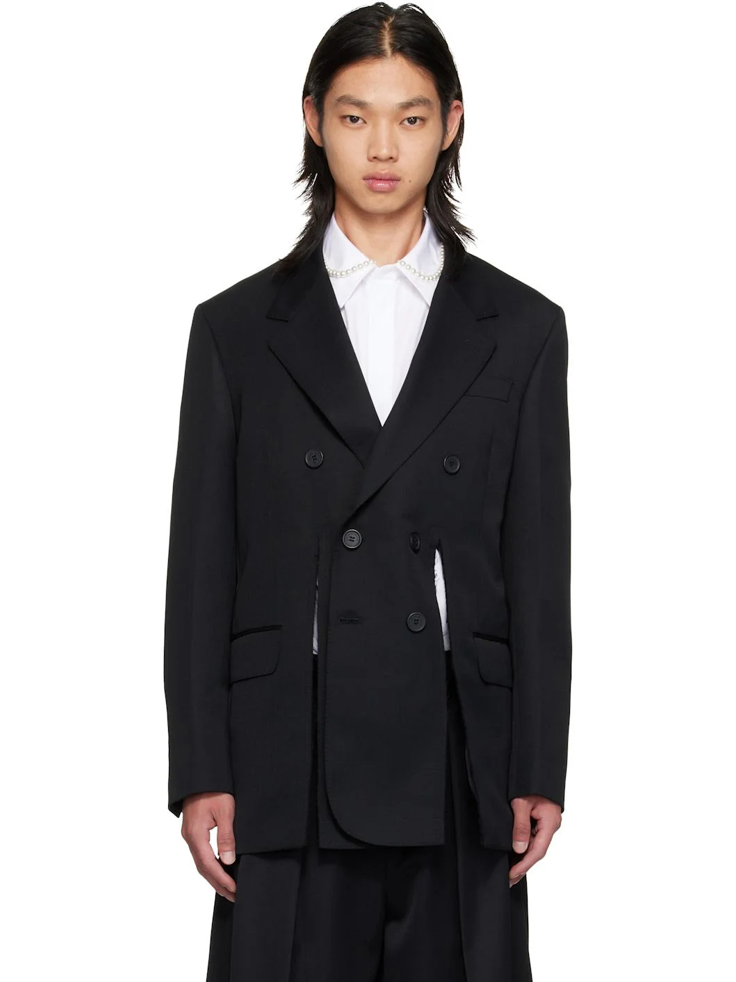 Black Double Breasted Hem Slice Blazer - 1