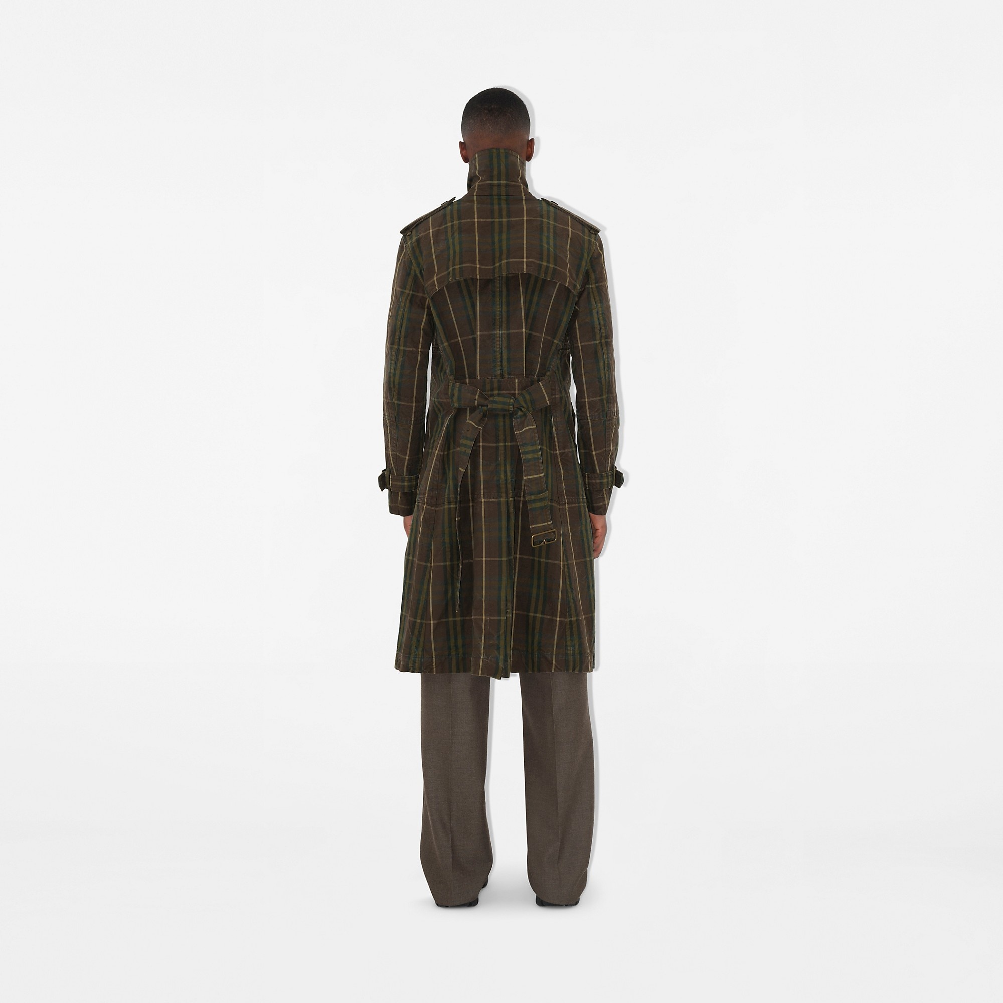 Long Check Cotton Trench Coat - 4