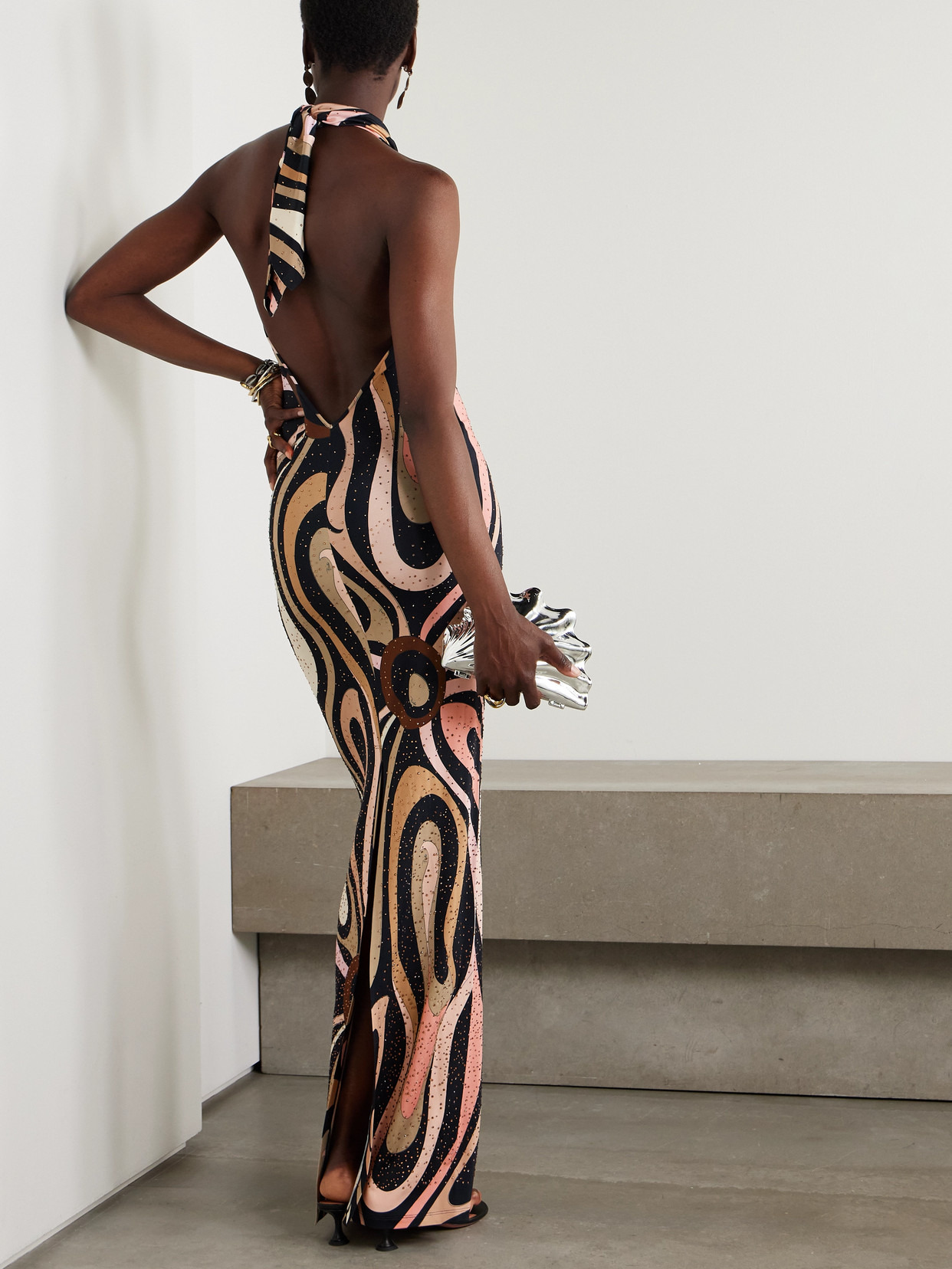 Marmo Crystal-embellished Printed Satin-jersey Halterneck Maxi Dress - 3