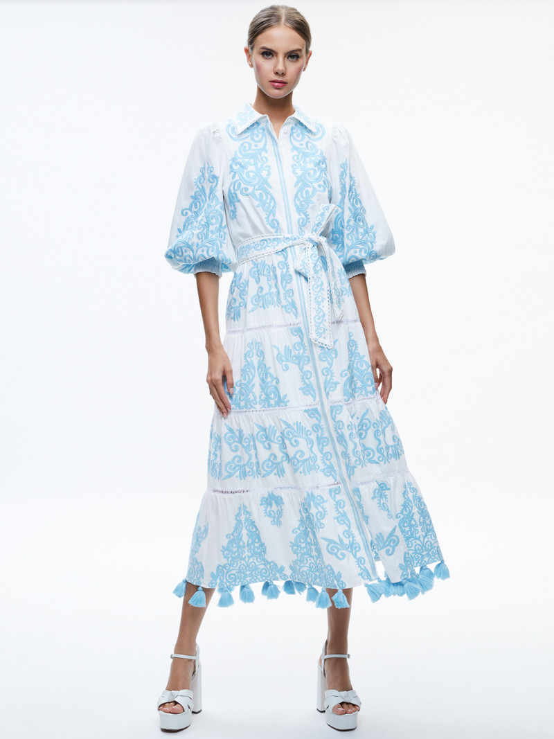 Alice + Olivia SHIRA EMBROIDERED MIDI TIERED DRESS outlook