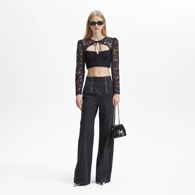Black Lace Tie Neck Crop Top - 1