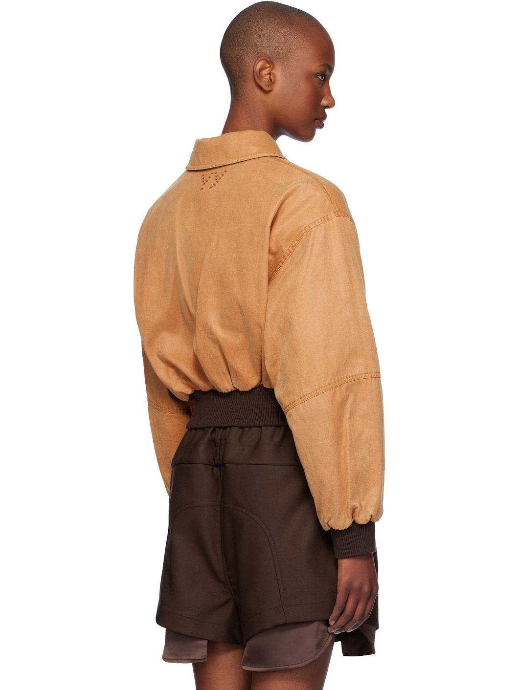 Tan Paper Like Crop Bomber Jacket - 3