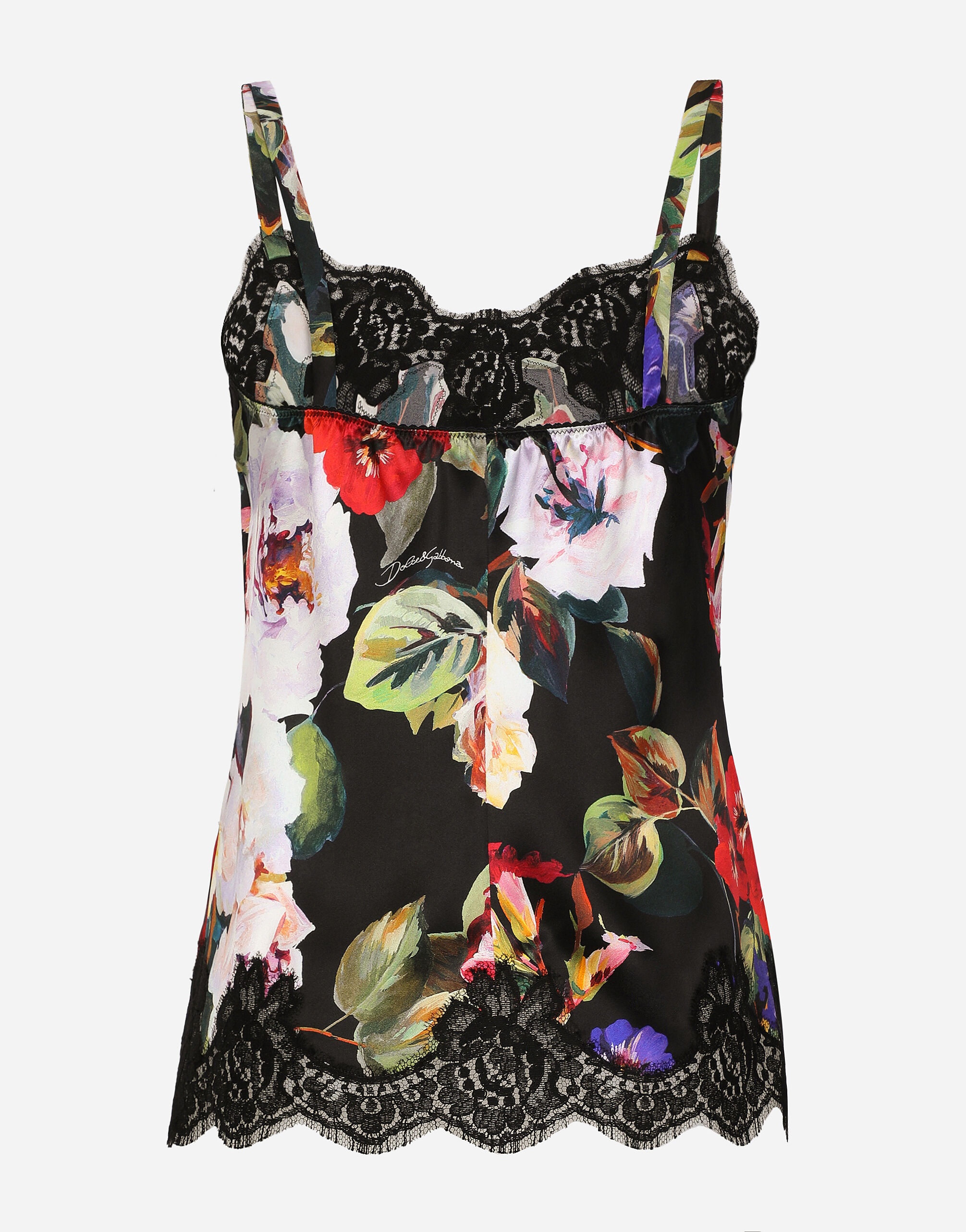 Satin lingerie-style top with rose garden print and lace detailing - 2