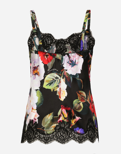 Dolce & Gabbana Satin lingerie-style top with rose garden print and lace detailing outlook