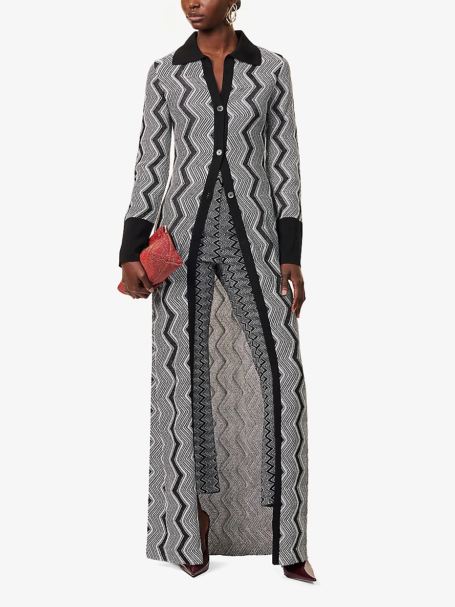 Chevron-pattern long metallic knitted cardigan - 2