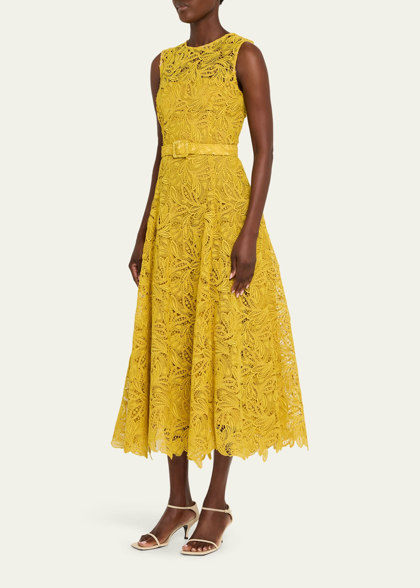 Sleeveless Feather Scroll Guipure Midi Day Dress With Belt - 4