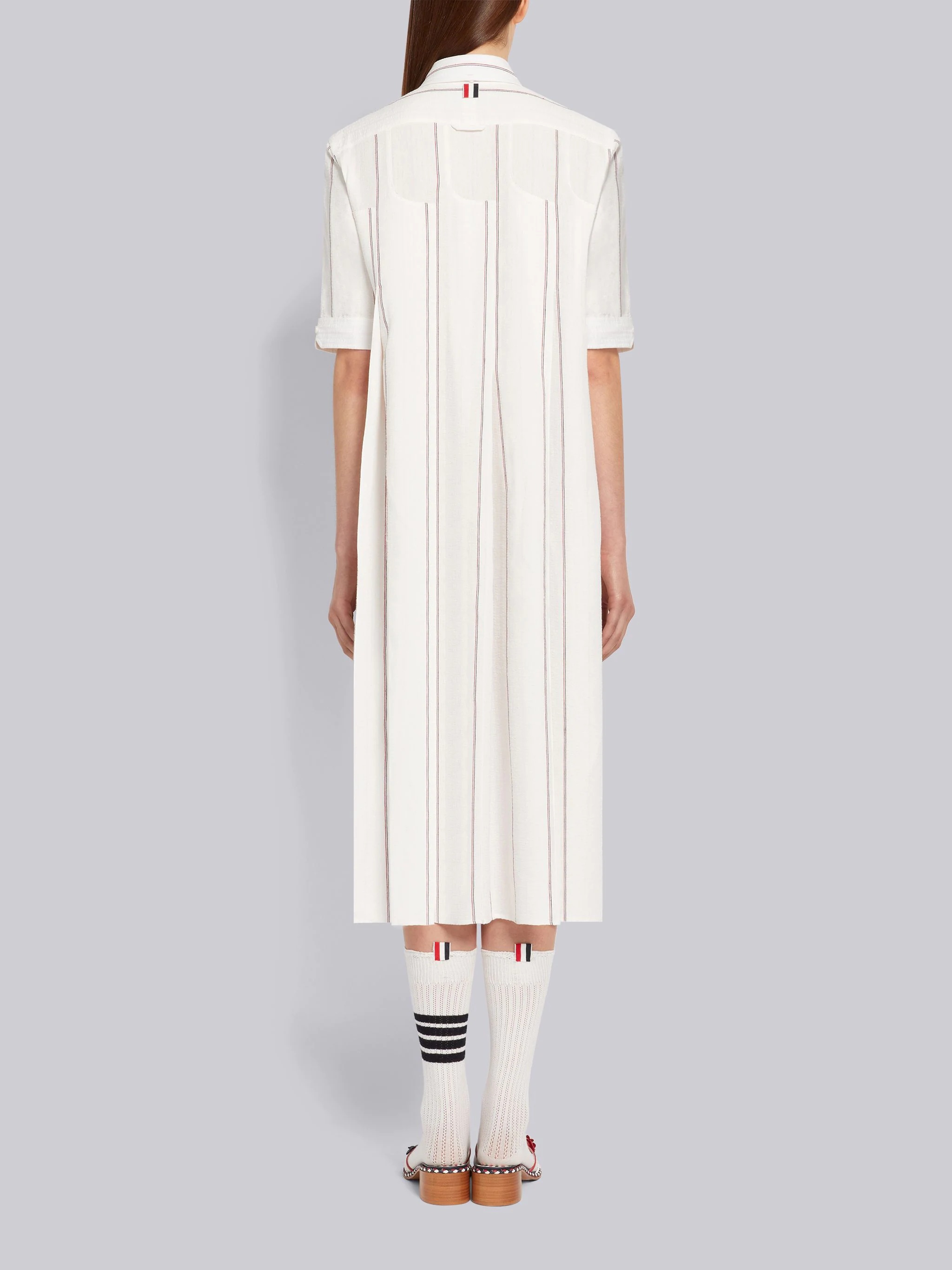 Light Pink Pinstripe Seersucker Linen Inverted Pleat Below The Knee Short Sleeve Shirtdress - 3