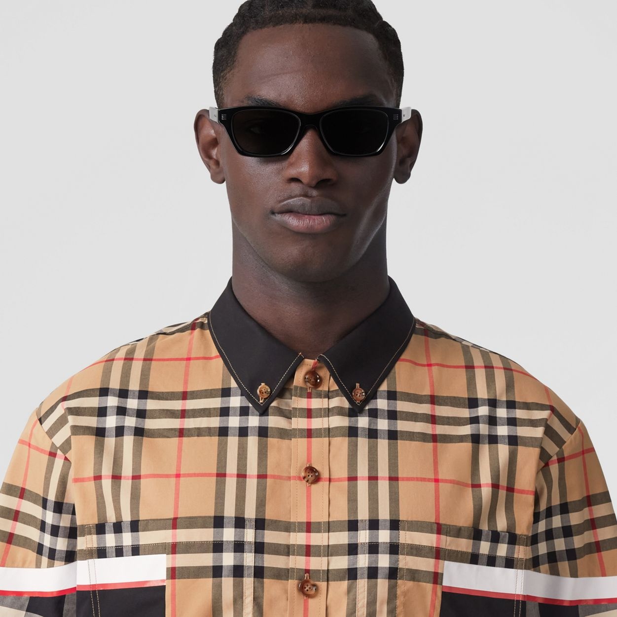 Short-sleeve Patchwork Check Cotton Shirt - 2