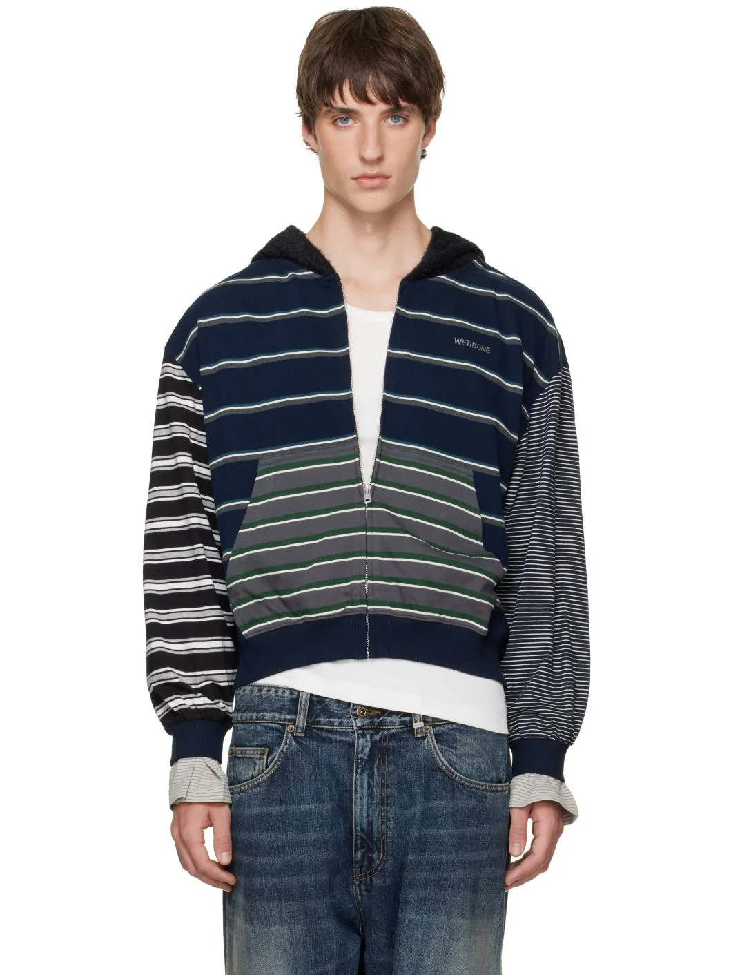 Navy Layered Striped Zip-Up Hoodie - 1
