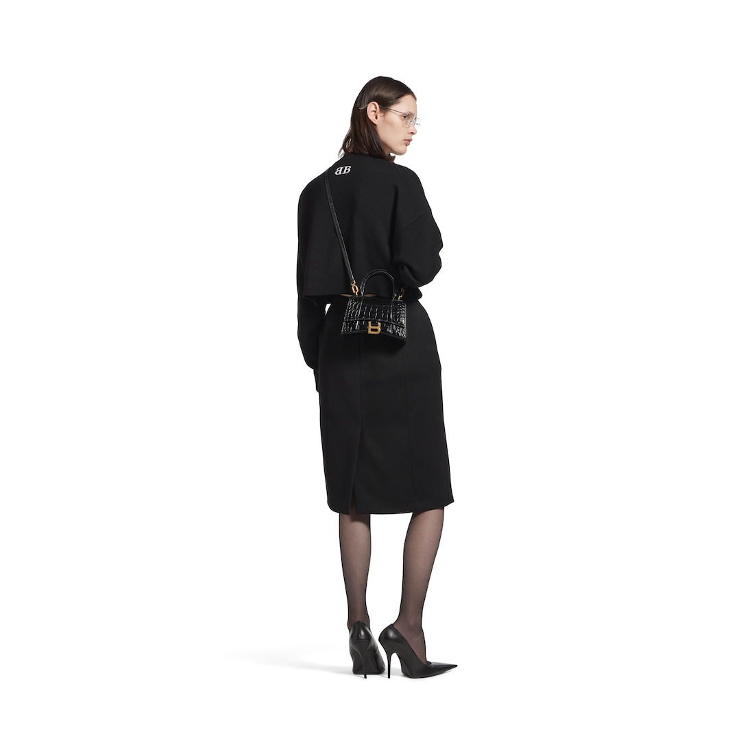 Women's Hourglass Xs Handbag Crocodile Embossed in Black - 7