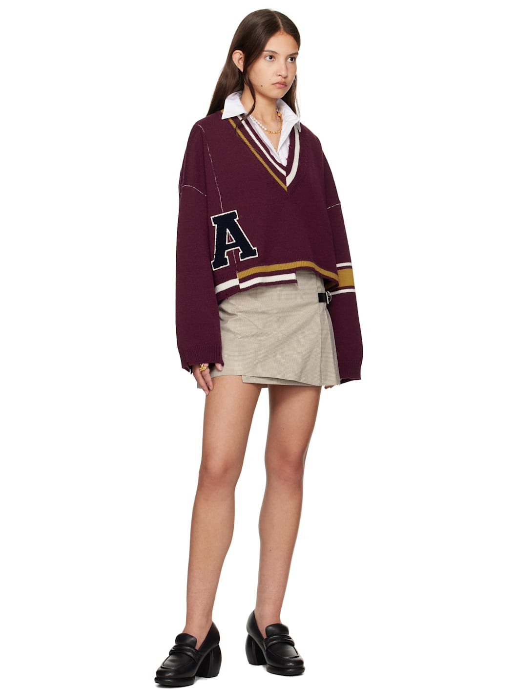 Beige Light Check Belts Miniskirt - 4