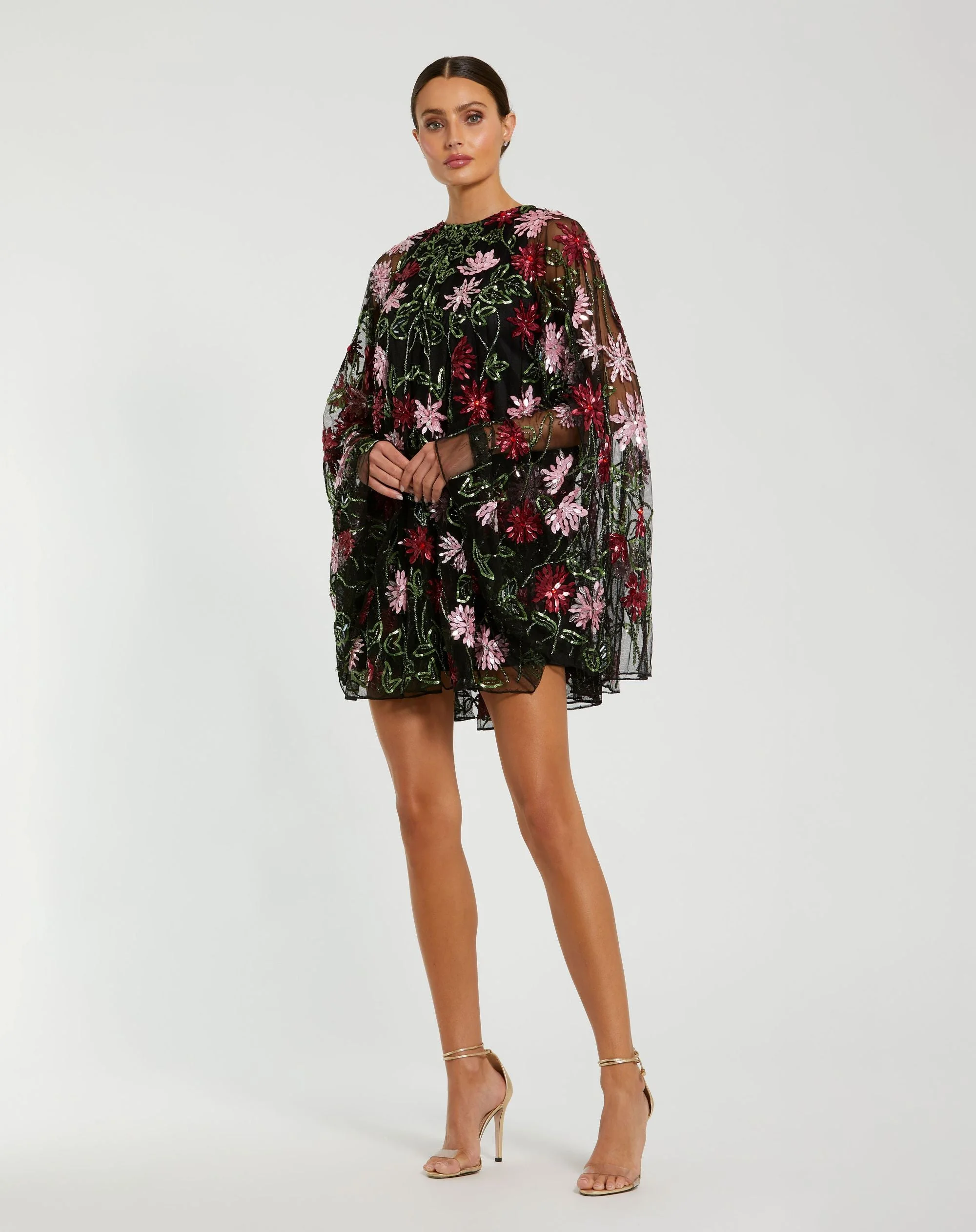 Black Floral Embellished Cape Mini Dress - 1