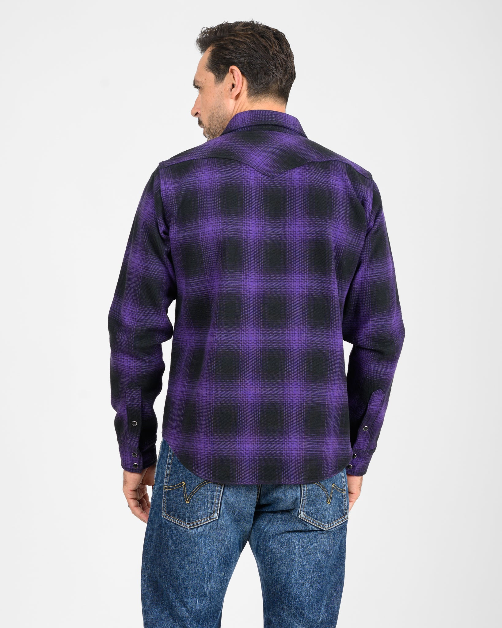 IHSH-264-PUR Ultra Heavy Flannel Ombré Check Western Shirt - Purple/Black - 10