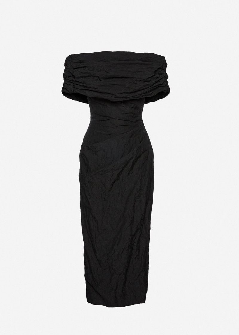 Off-shoulder draped midi dress in black 1