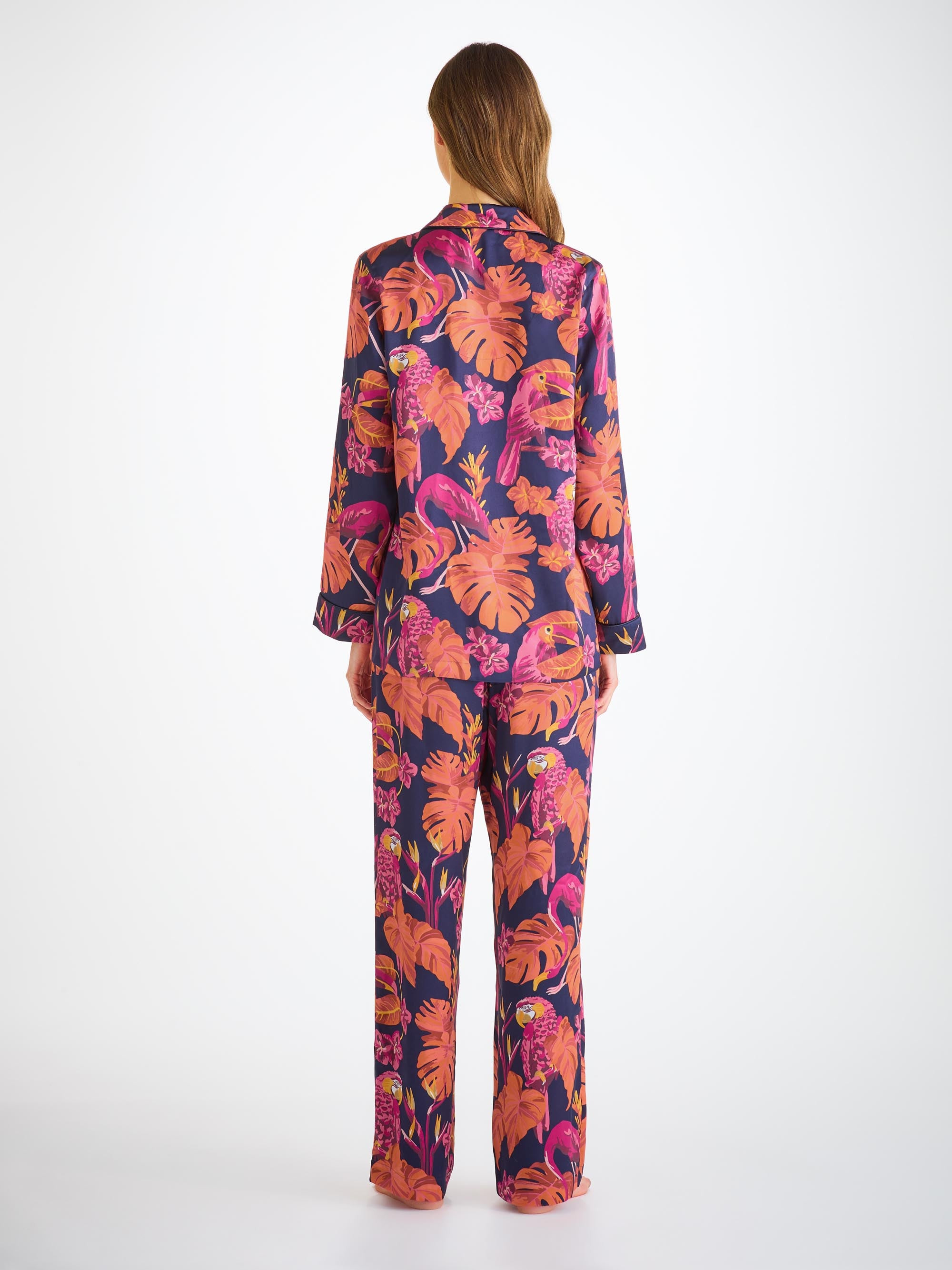 Women's Pajamas Silk Satin Navy Jungle Birds Pattern - 4