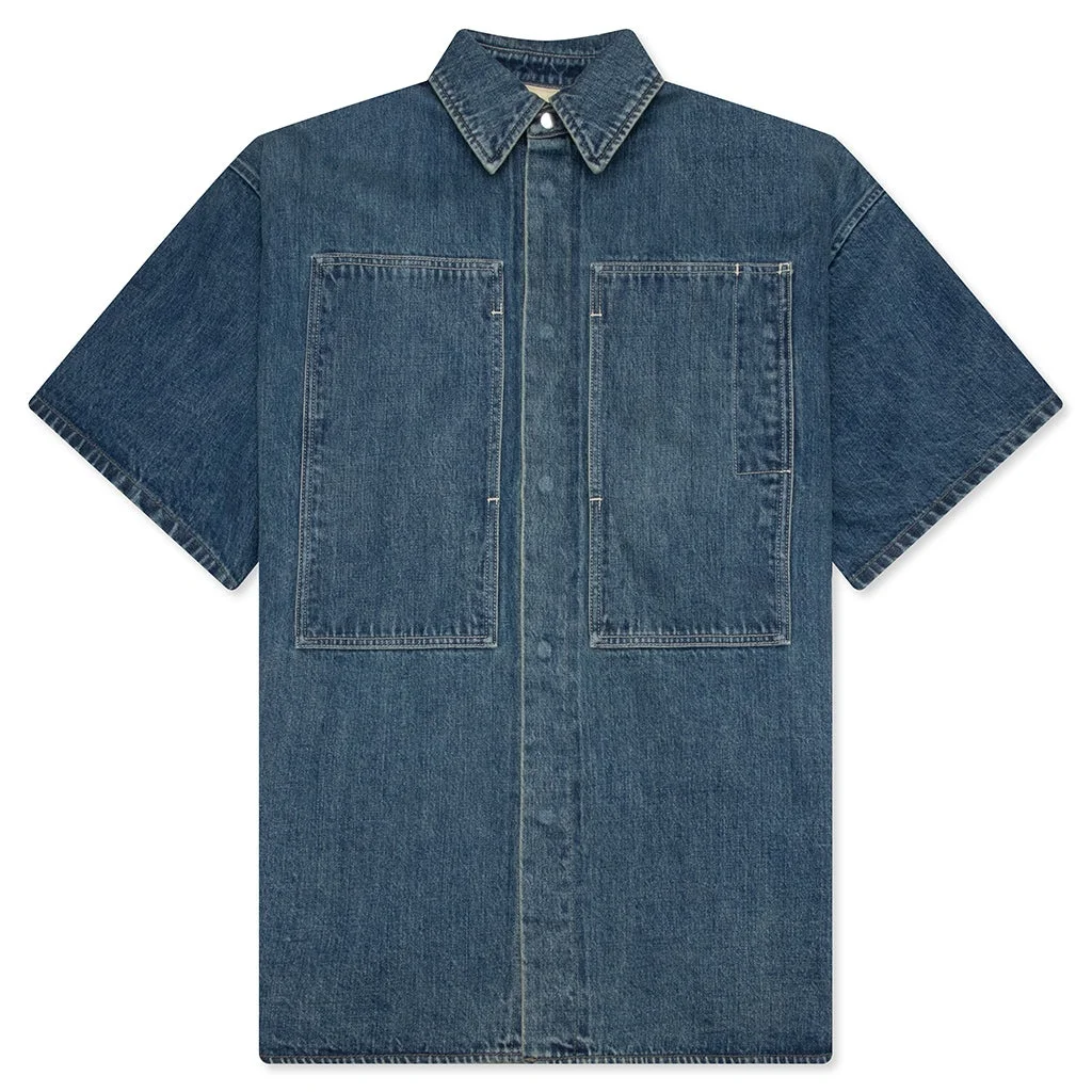 WASHED AND BLEACHED RAW DENIM SHIRT - BLUE - 1