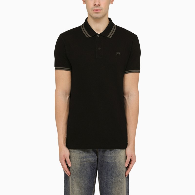 Black short-sleeved polo shirt with logo embroidery - 1