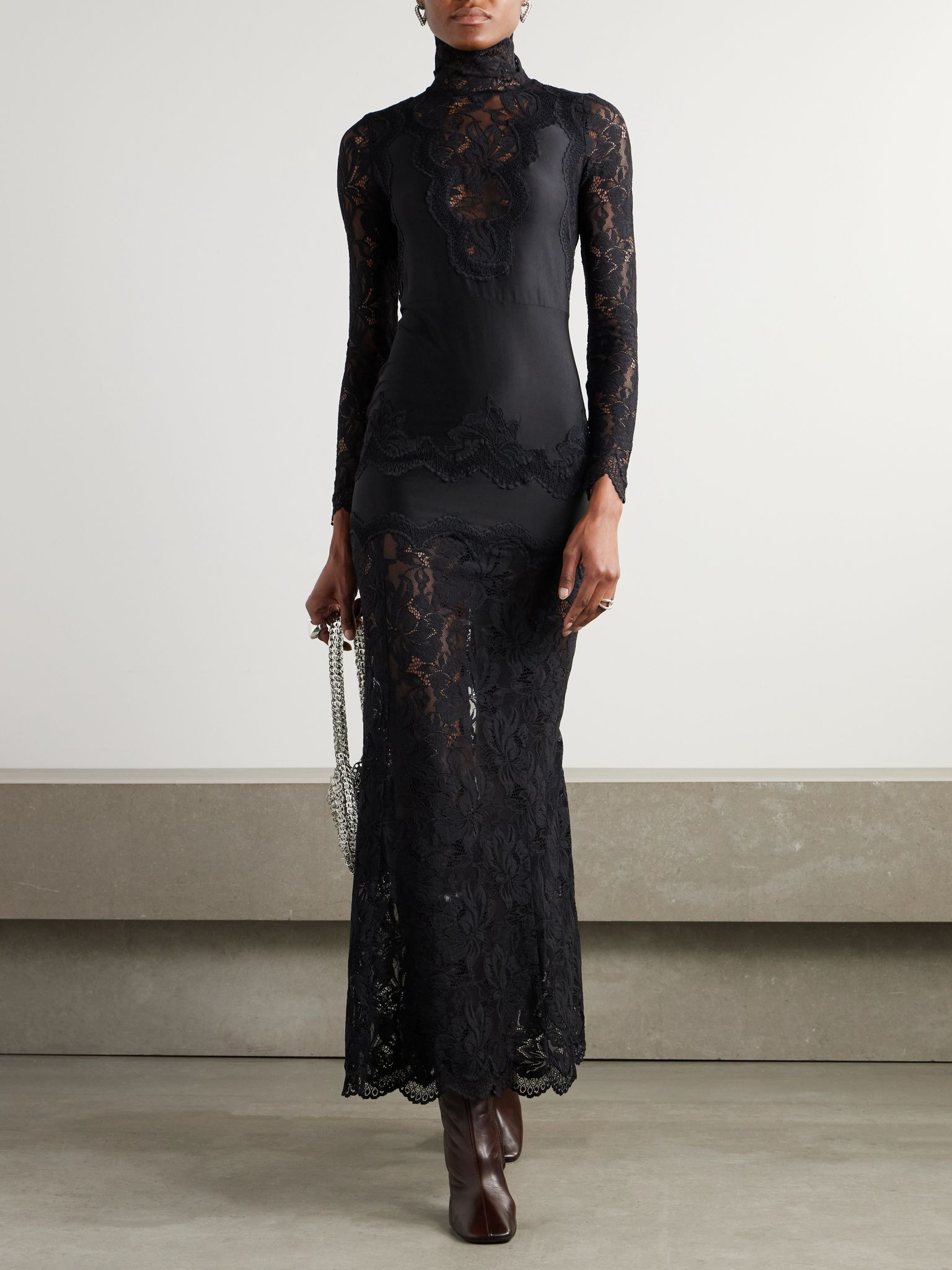 Lace-trimmed silk-satin maxi dress Black - 2