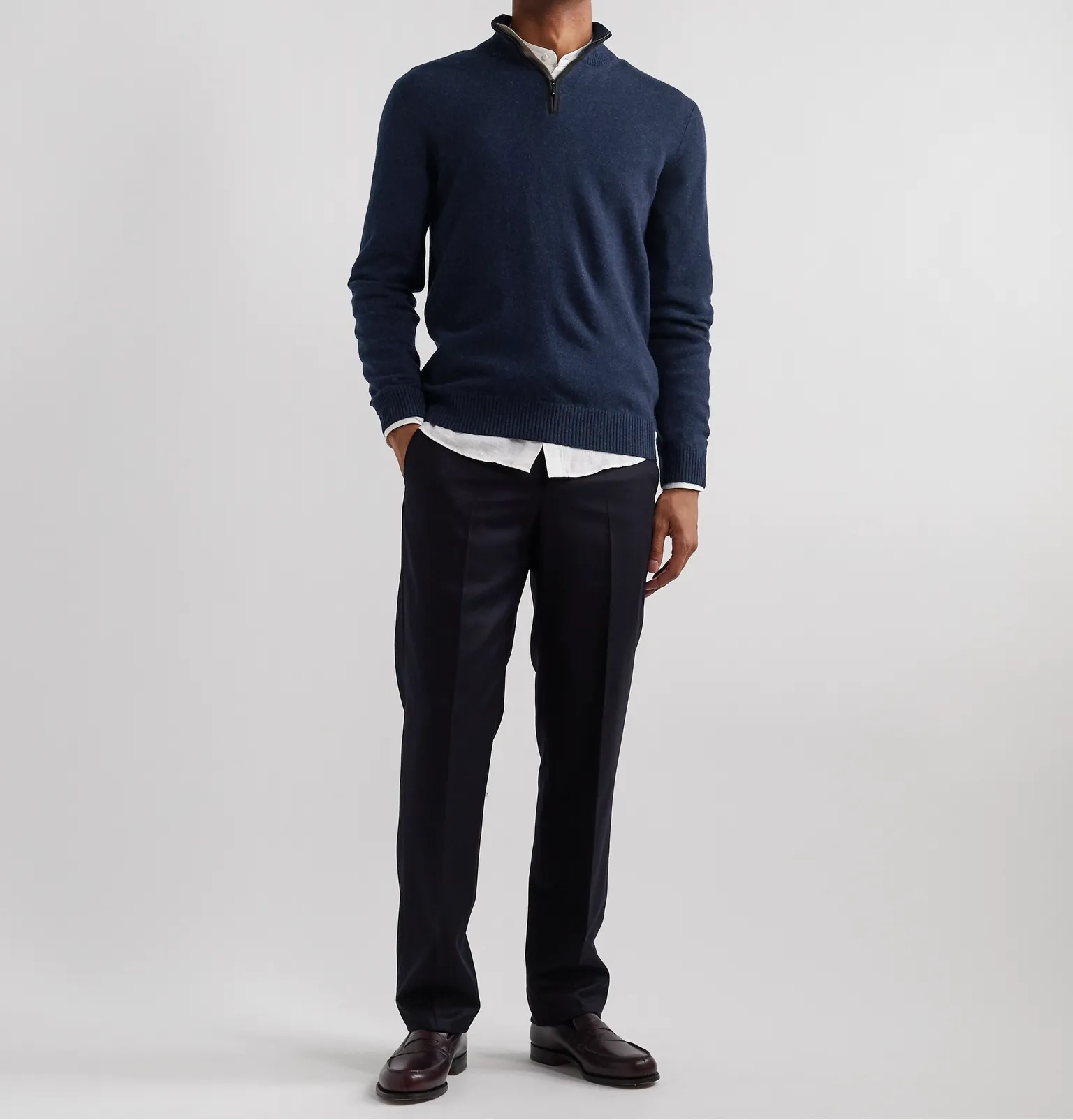 Suede-Trimmed Cashmere Half-Zip Sweater - 8