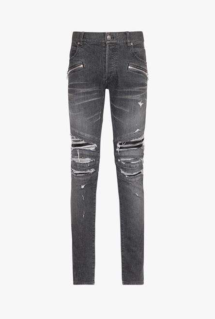 Slim cut ripped black faded cotton jeans - 1