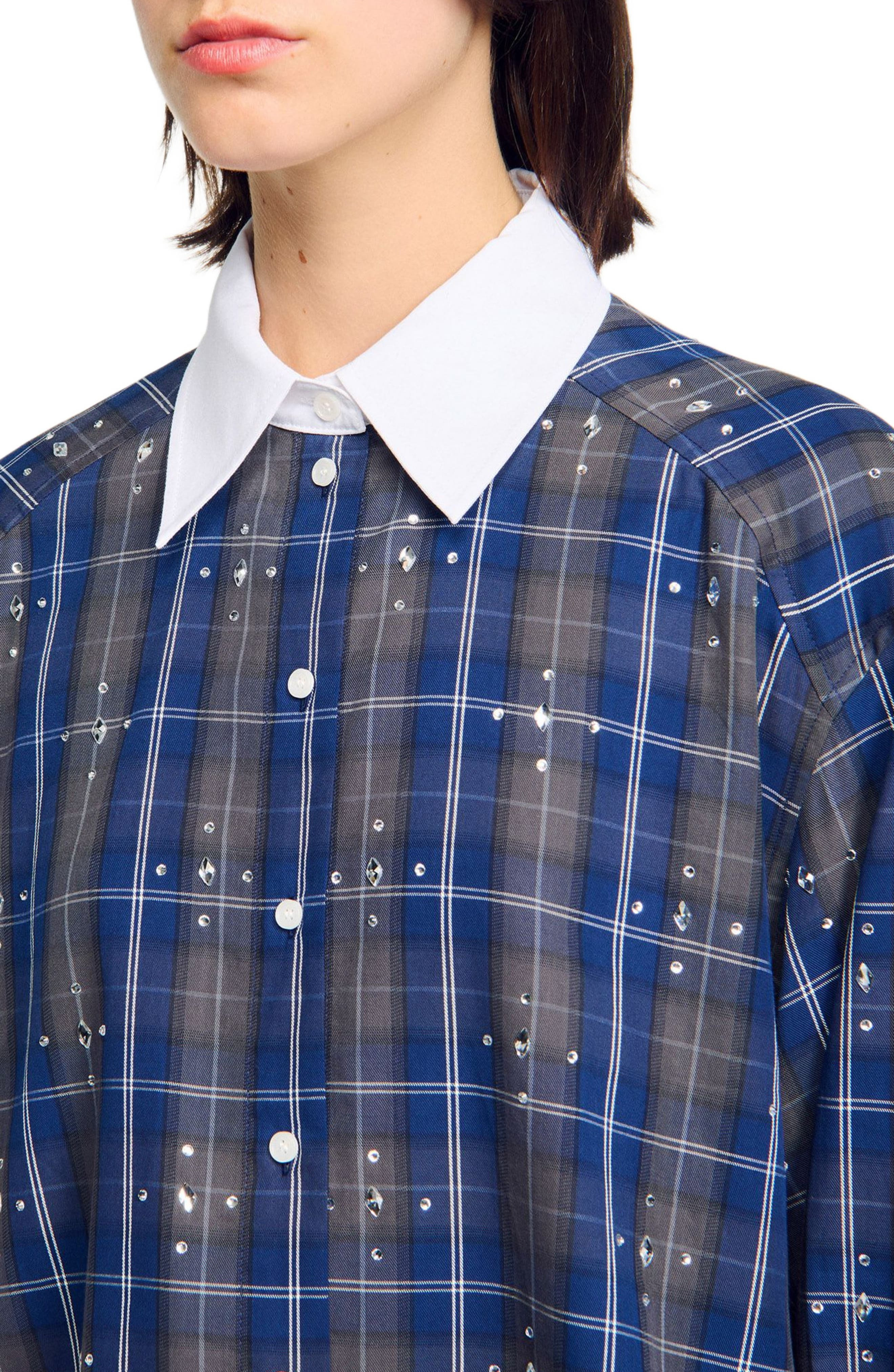 SANDRO Rhinestone checkered collar shirt in Blue at Nordstrom - 4