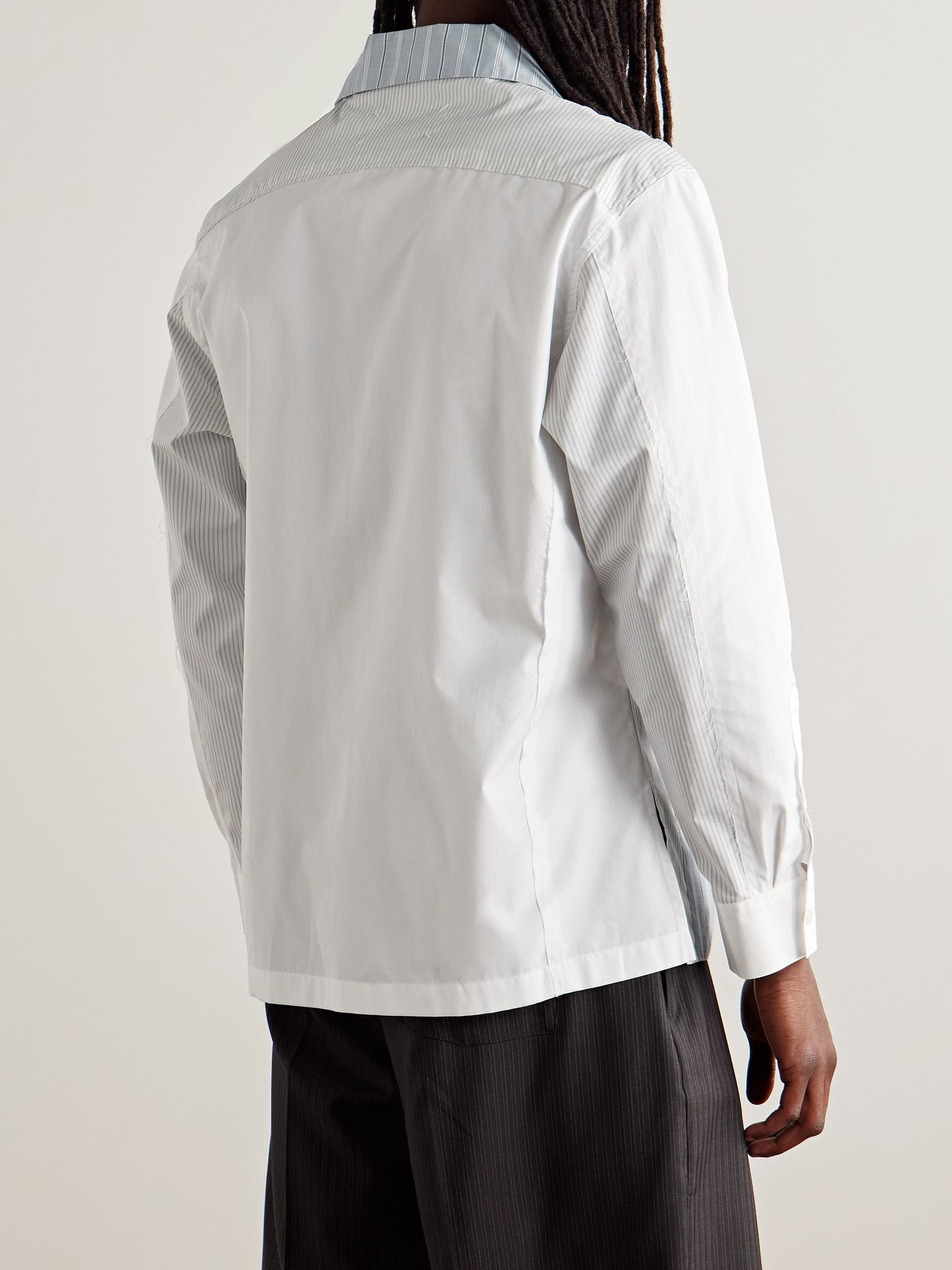 Camp-Collar Patchwork Striped Cotton-Poplin Shirt Blue - 3
