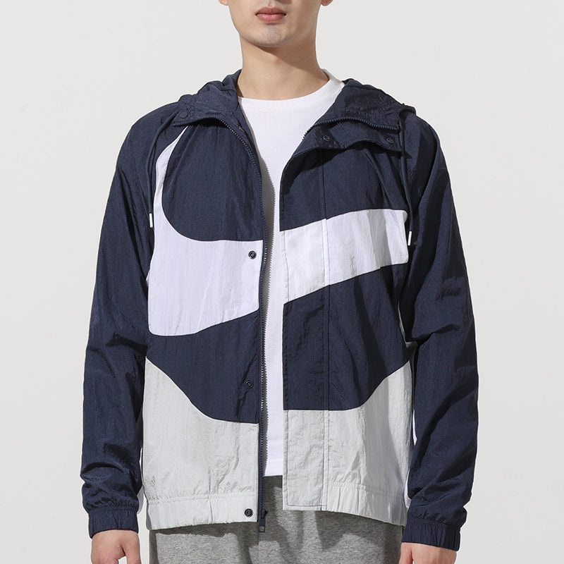 Men's Nike Sportswear Swoosh Contrasting Colors Large Logo Hooded Woven Jacket Autumn Navy Blue DD59 - 3