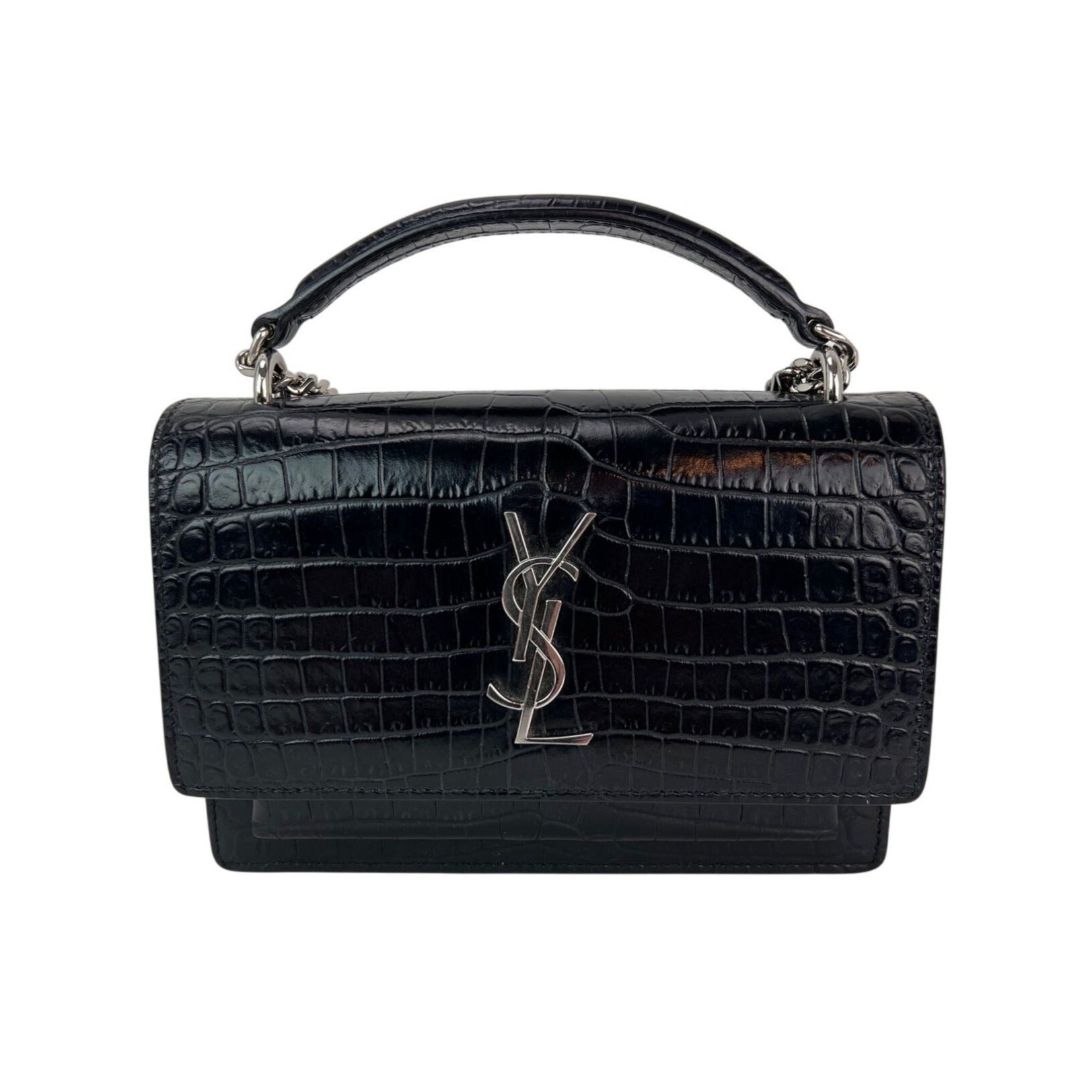 Saint Laurent Black Leather Sunset Wallet on a Chain Crocodile Embossed Bag - 16