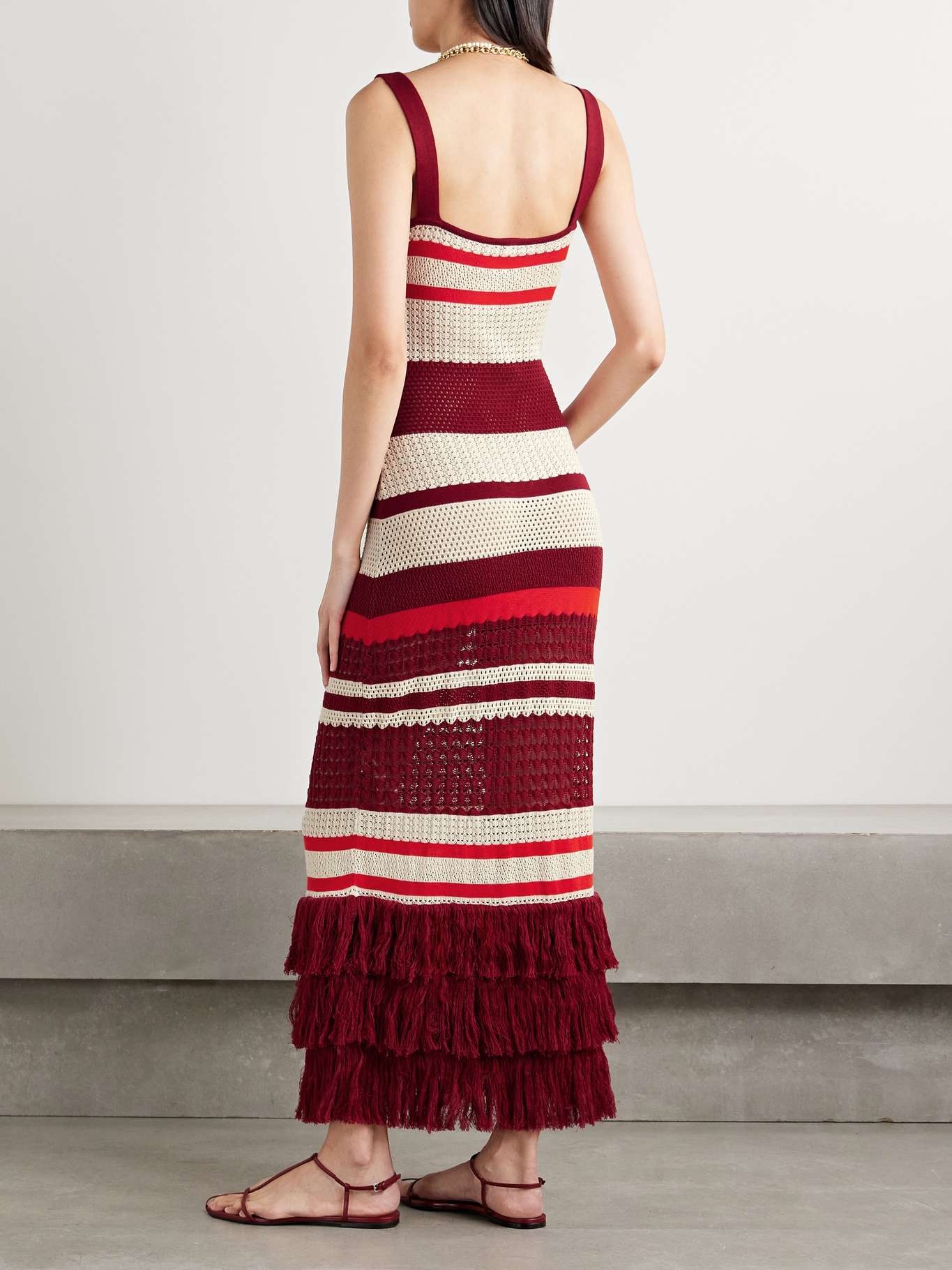 Embayed fringed crocheted Pima cotton maxi dress Burgundy - 3