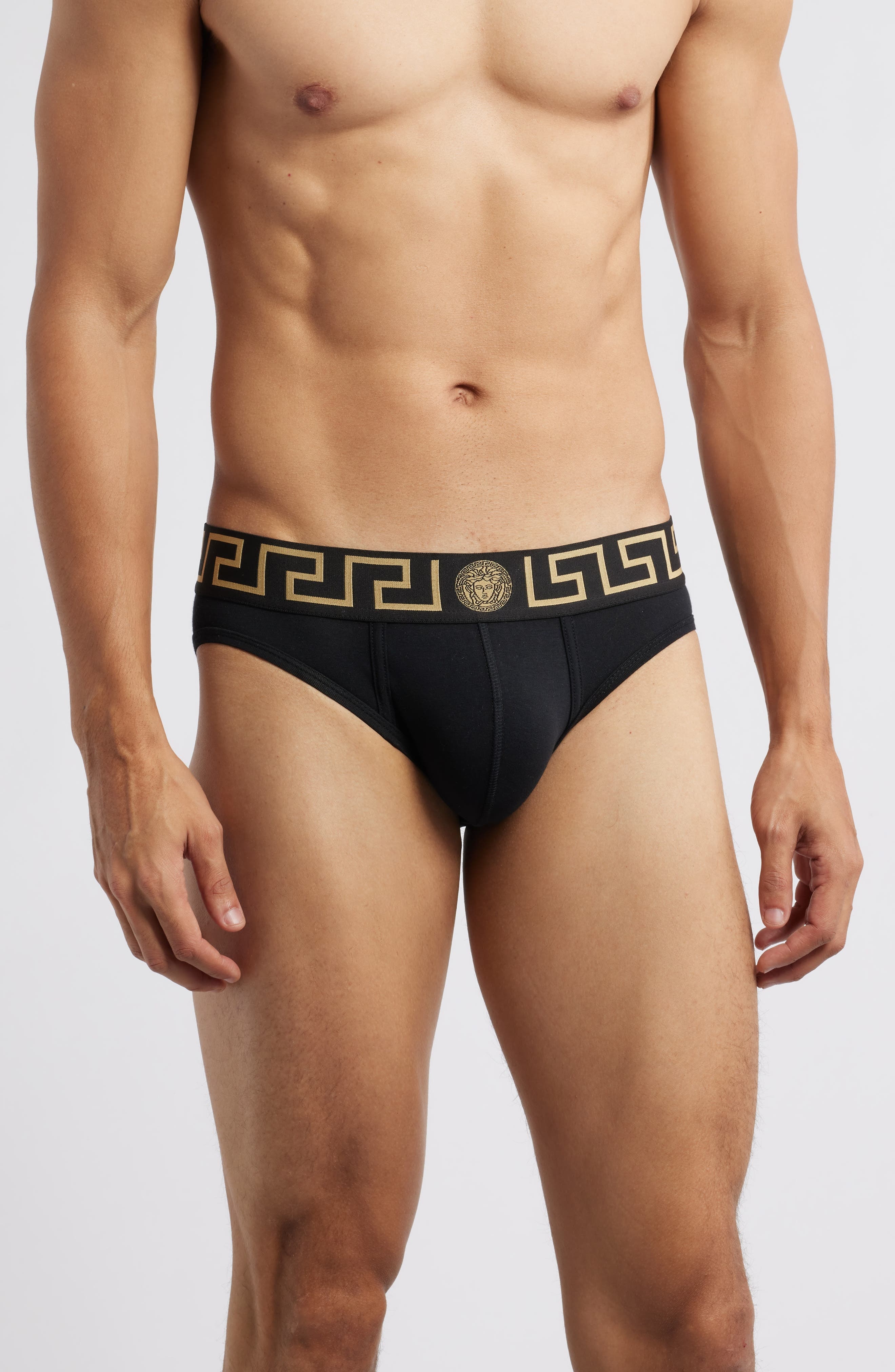 Versace 2-Pack Greca Border Stretch Cotton Briefs in Black Gold Greek Key at Nordstrom - 1