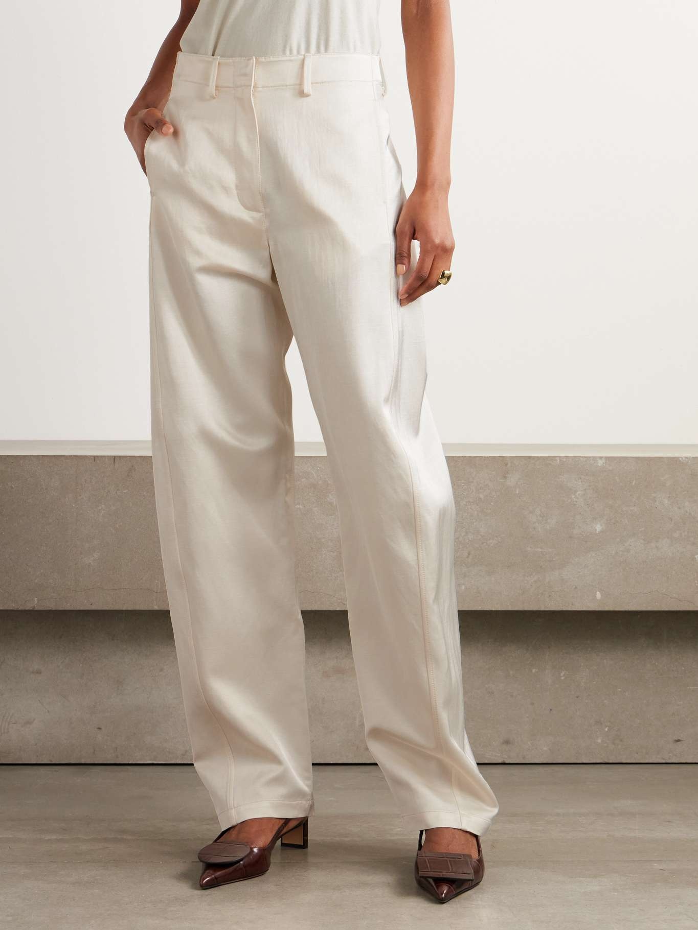 Stretch-cotton wide-leg pants Cream - 3