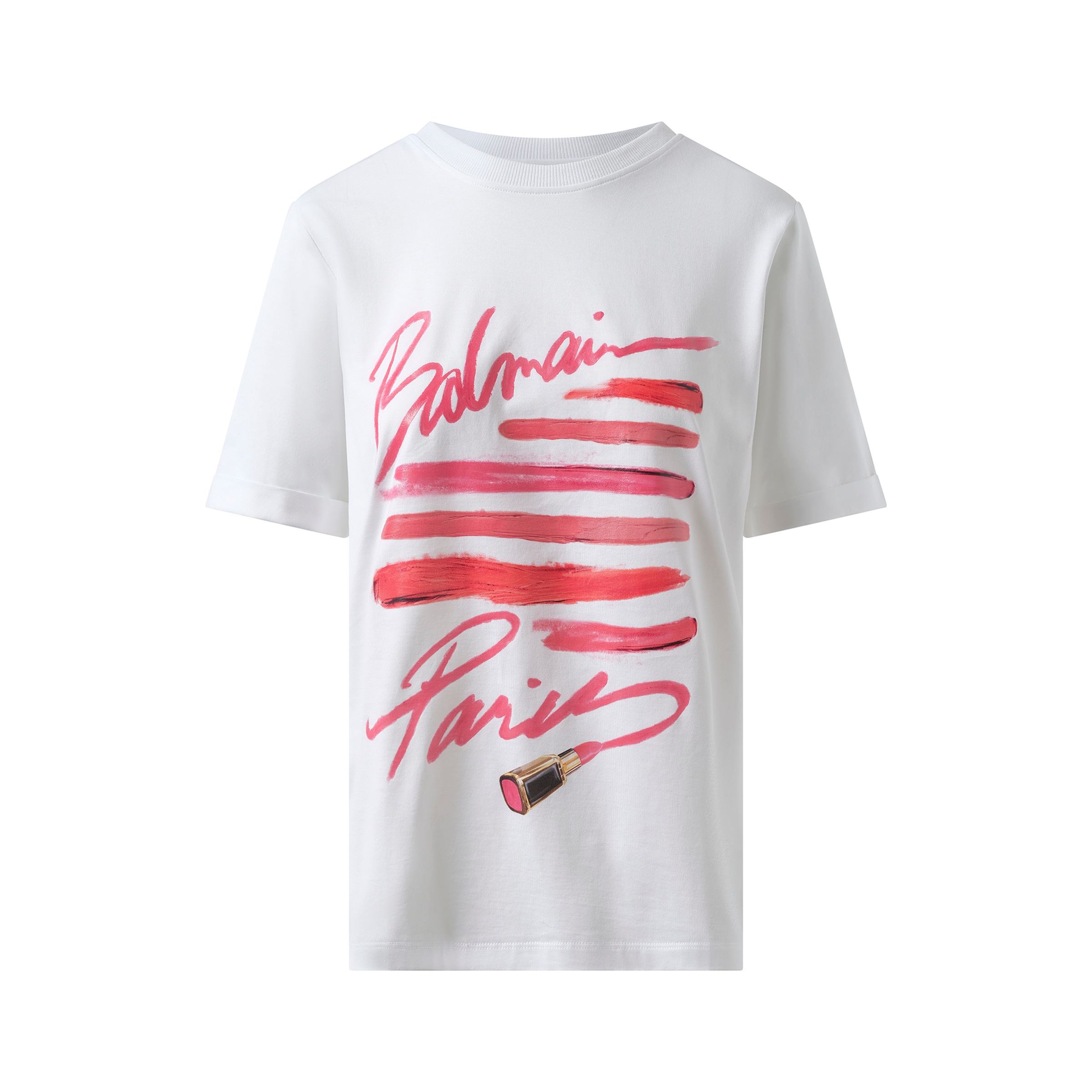 3 Btn Balmain Lipstick Print T-Shirt in White - 2
