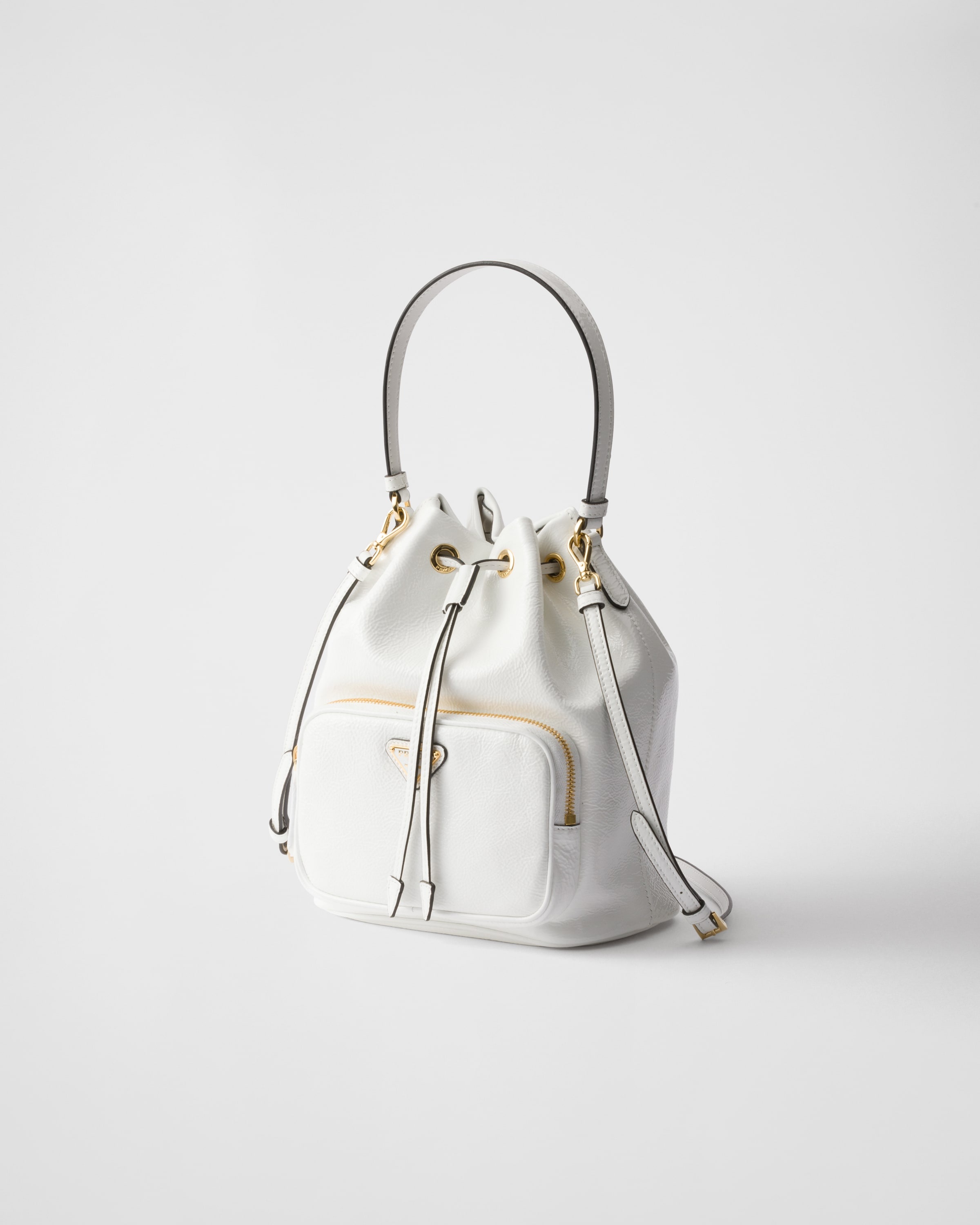 【日本入手困難】Prada Duet naplak patent leather bucket bag White Prada Duet Naplak Patent Leather Bucket Bag | PRADA