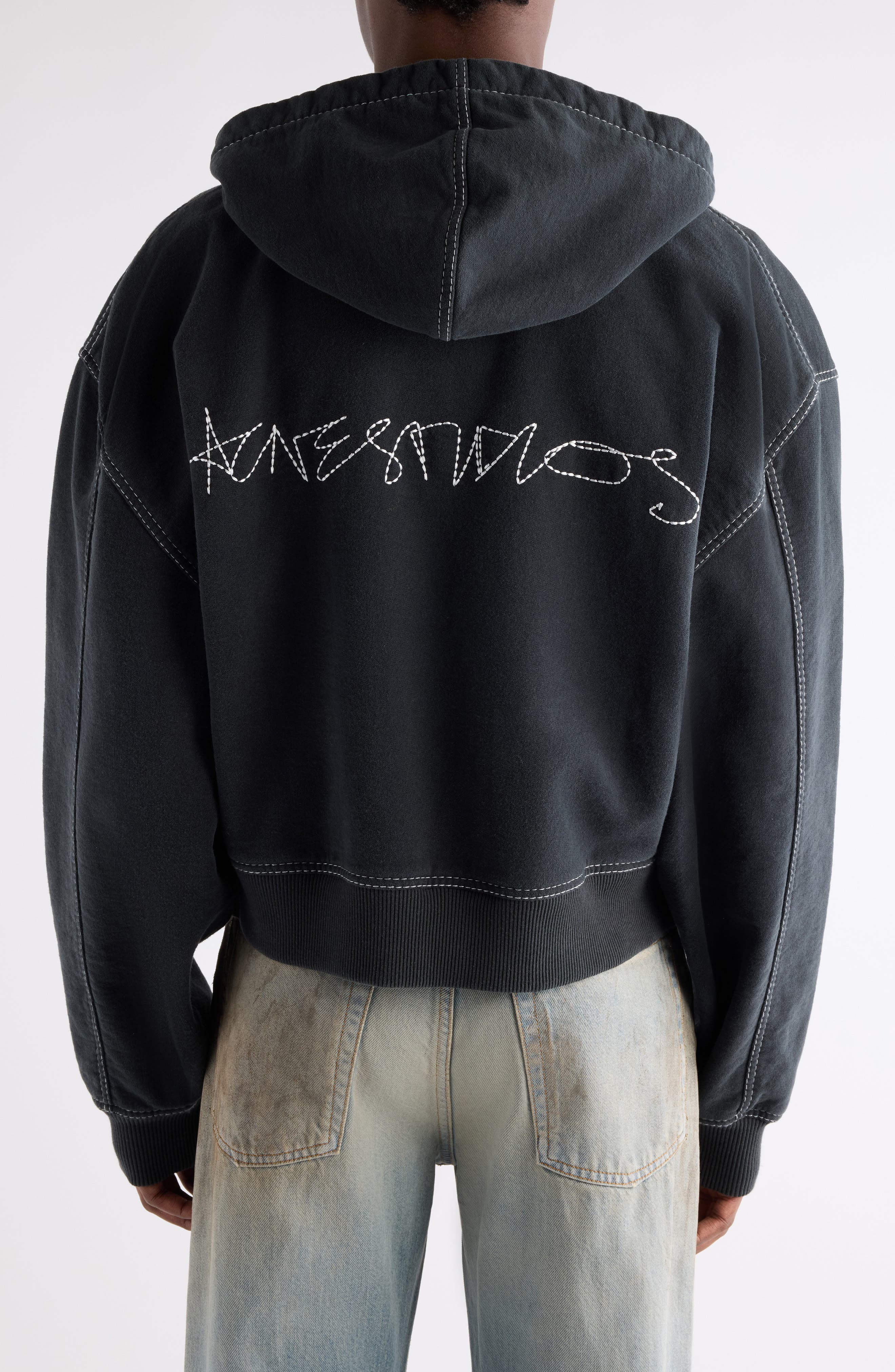 Acne Studios Foscar U Autograph Logo Embroidered Zip Hoodie in Faded Black at Nordstrom - 3