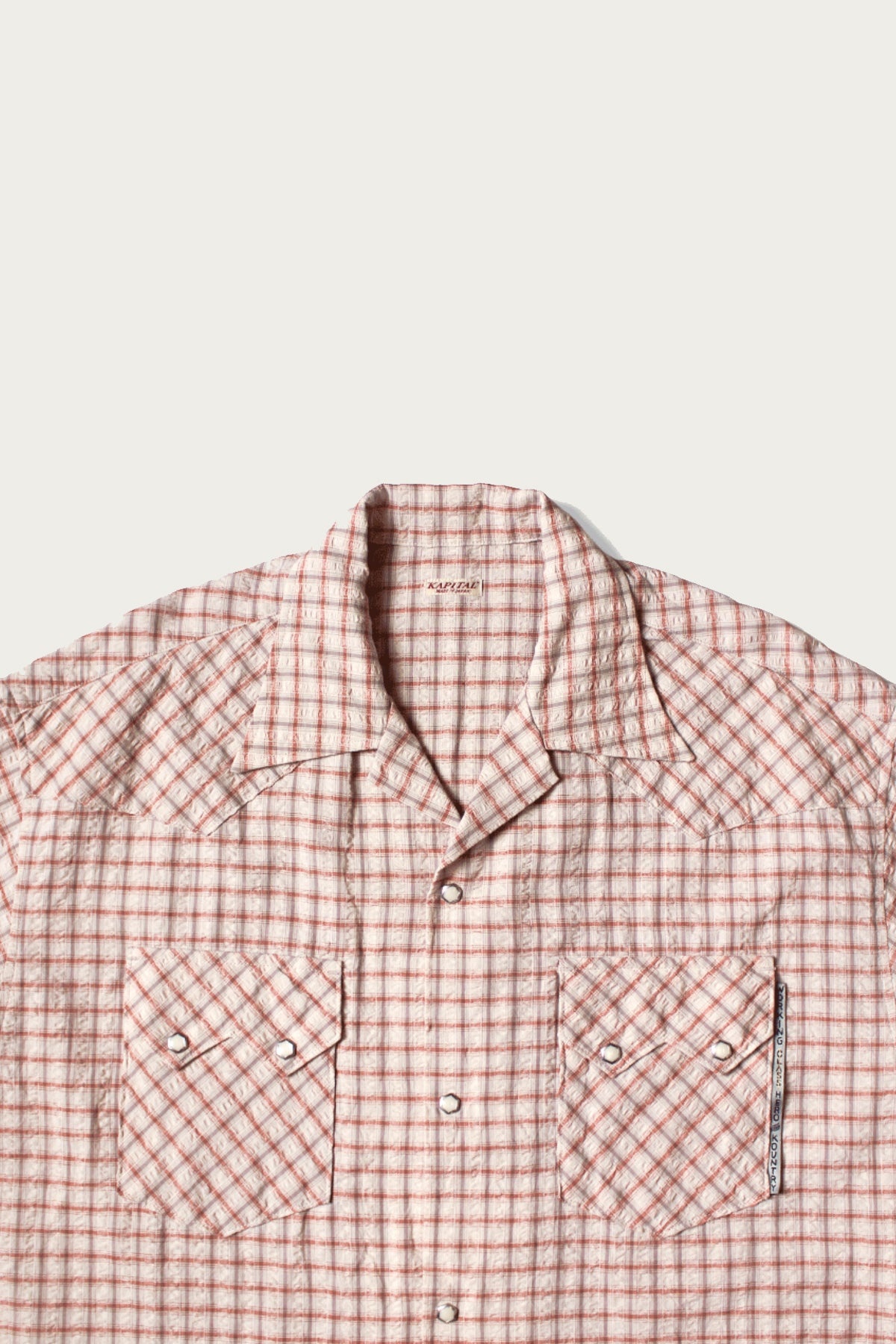 Cotton Linen Seersucker Check Open-Collar Western BIG Shirt - Red - 3