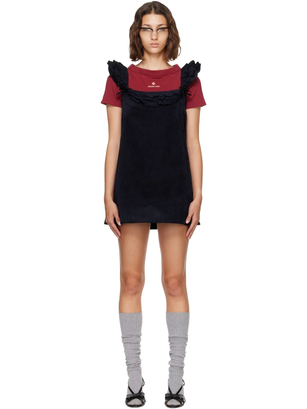 Navy Lace Trim Sleeve Straight Minidress - 1