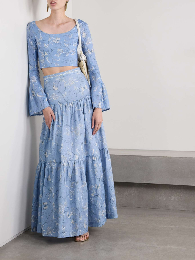 Agua by Agua Bendita Anis Lymanopoda tiered printed linen maxi skirt Blue outlook