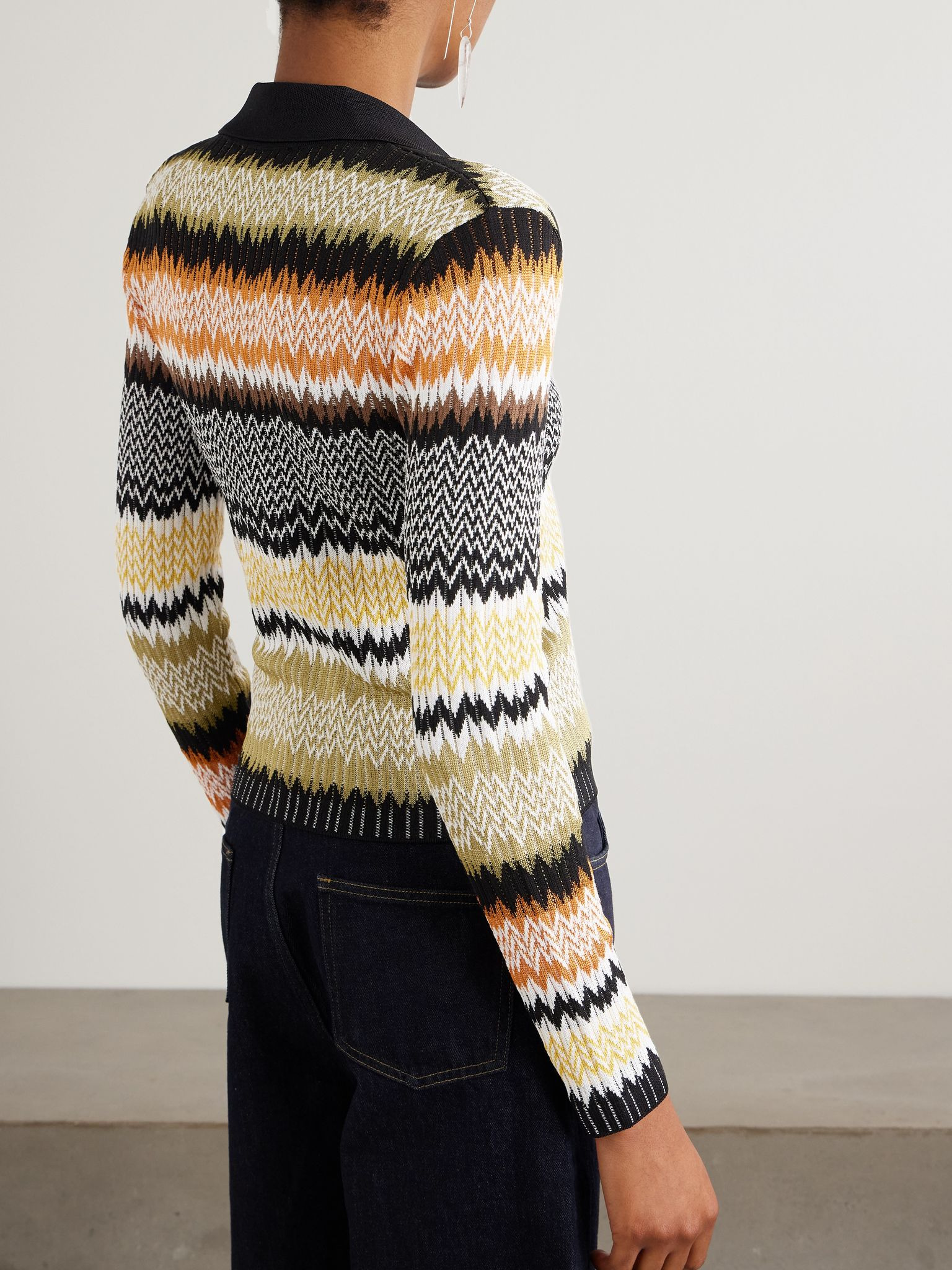 Striped crochet-knit polo shirt Black - 3